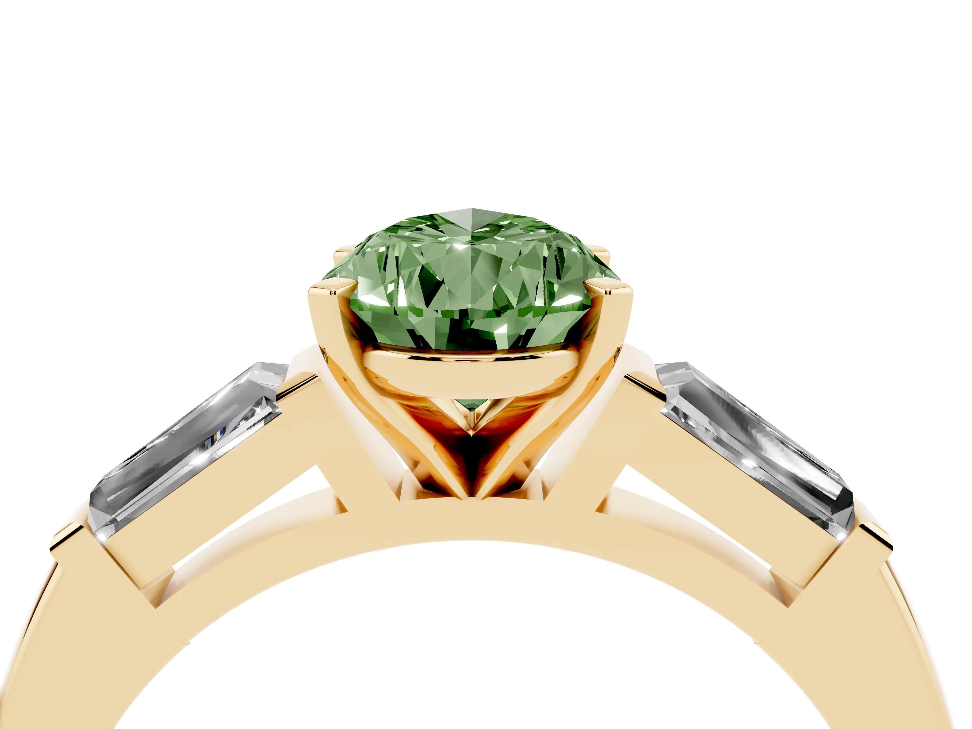 Fancy Green Pear Cut Diamond Solitaire Ring Set in Yellow gold with Tapered Baguette Side Stones and Prong Setting
