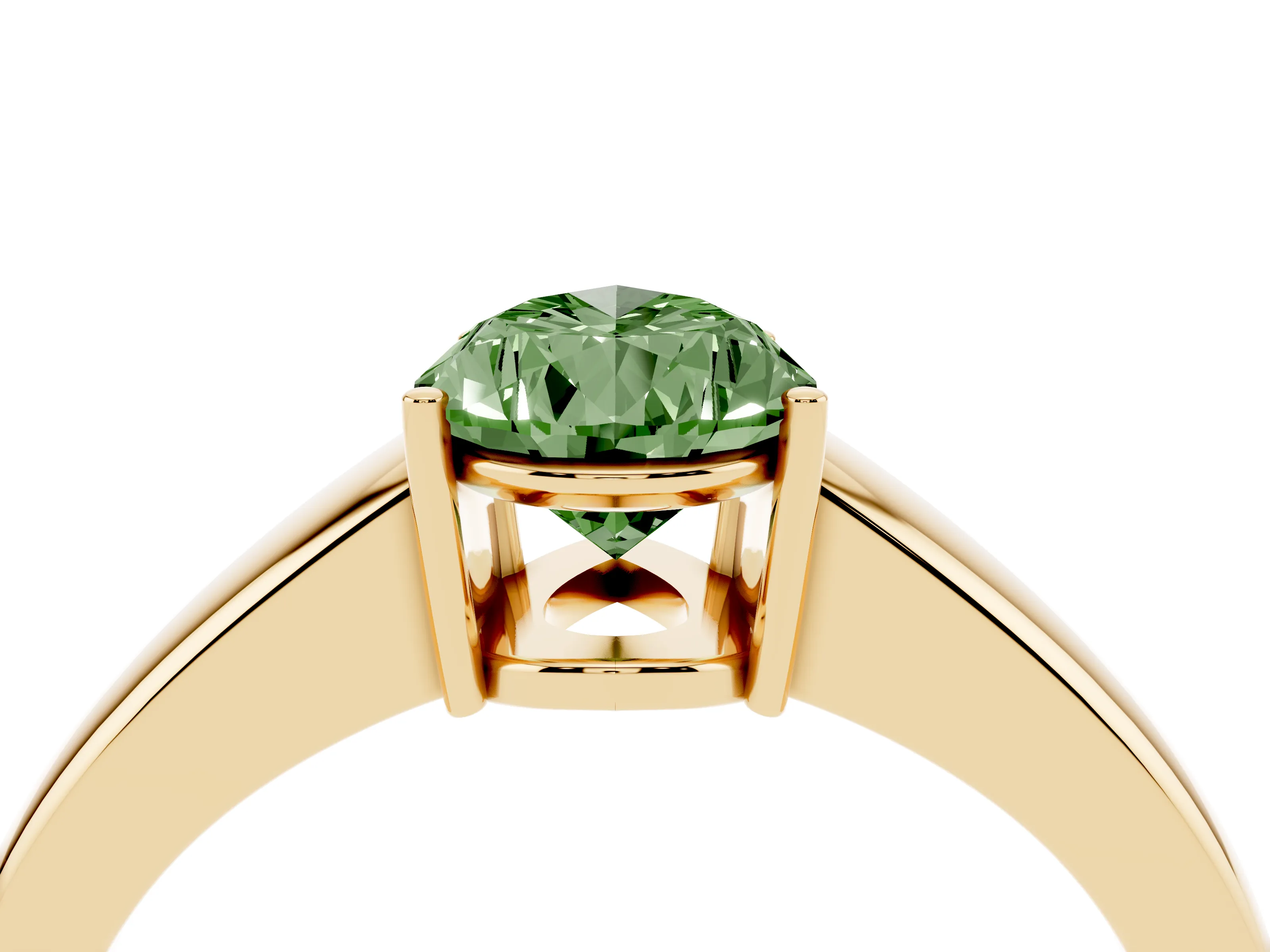 Fancy Green Pear Cut Diamond Solitaire Ring Set in Yellow gold with Tapered Band and Prong Setting