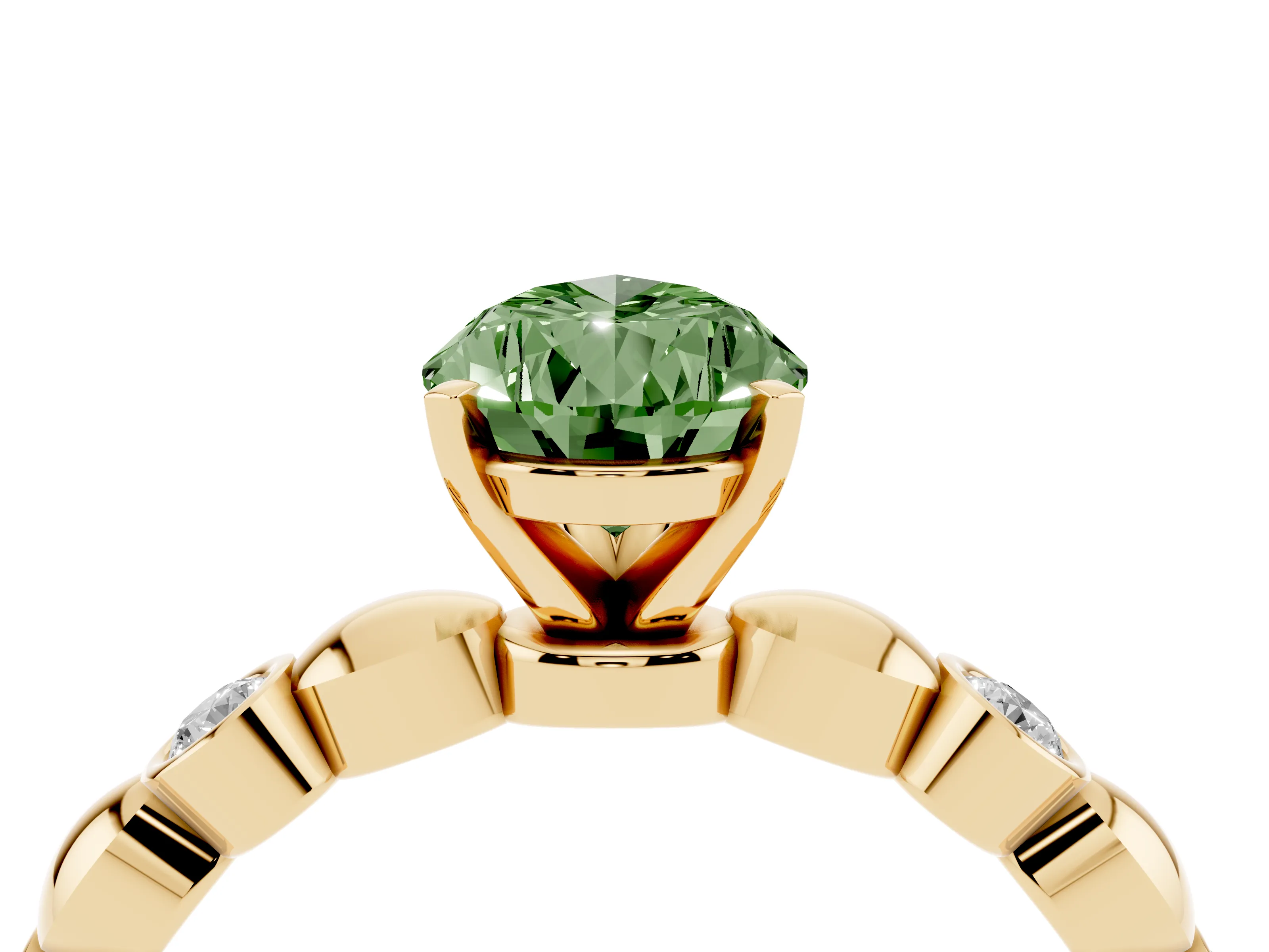 Fancy Green Pear Cut Diamond Solitaire Ring Set in Yellow gold with Bezel-Set Accents on Beaded Band and Prong Setting