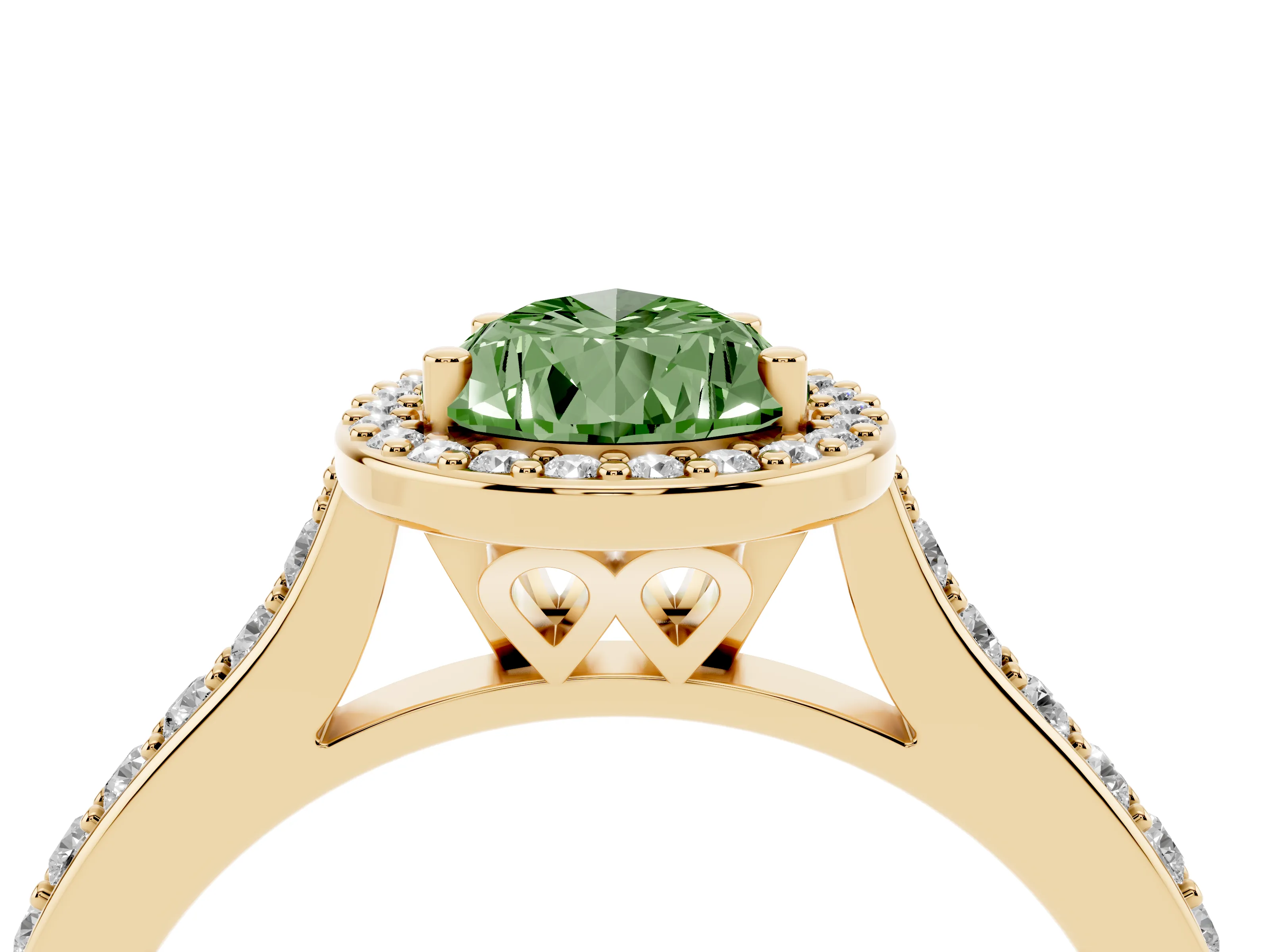 Fancy Green Pear Cut Diamond Halo Engagement Ring Set in Yellow gold with Round Pavé Shoulders and Heart Gallery