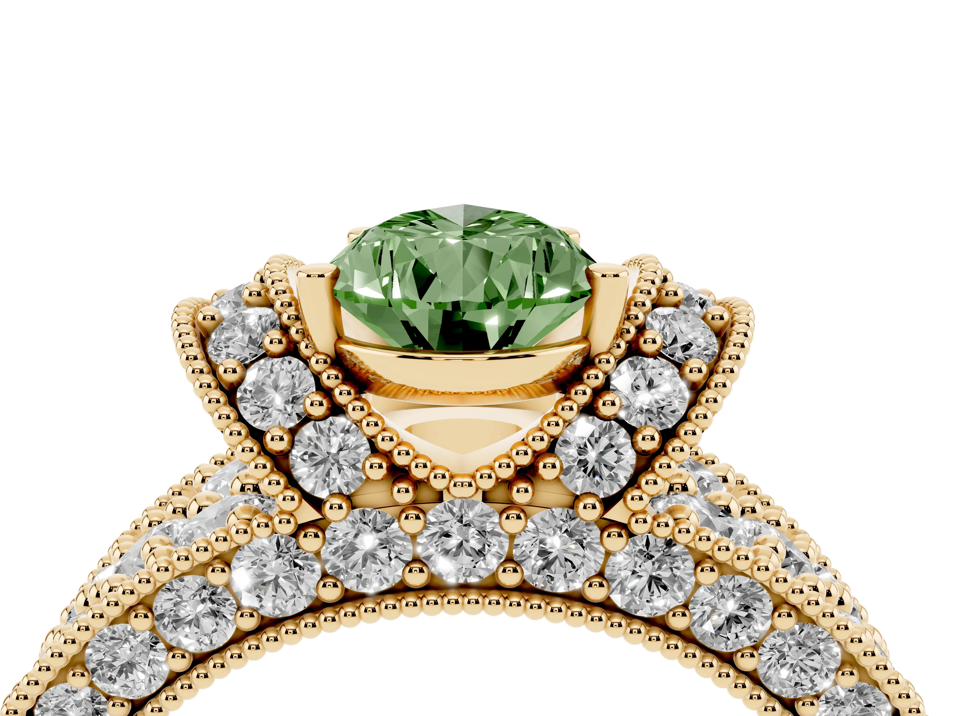 Fancy Green Pear Cut Diamond Milgrain Halo Pavé Engagement Ring Set in Yellow gold with Prong Setting