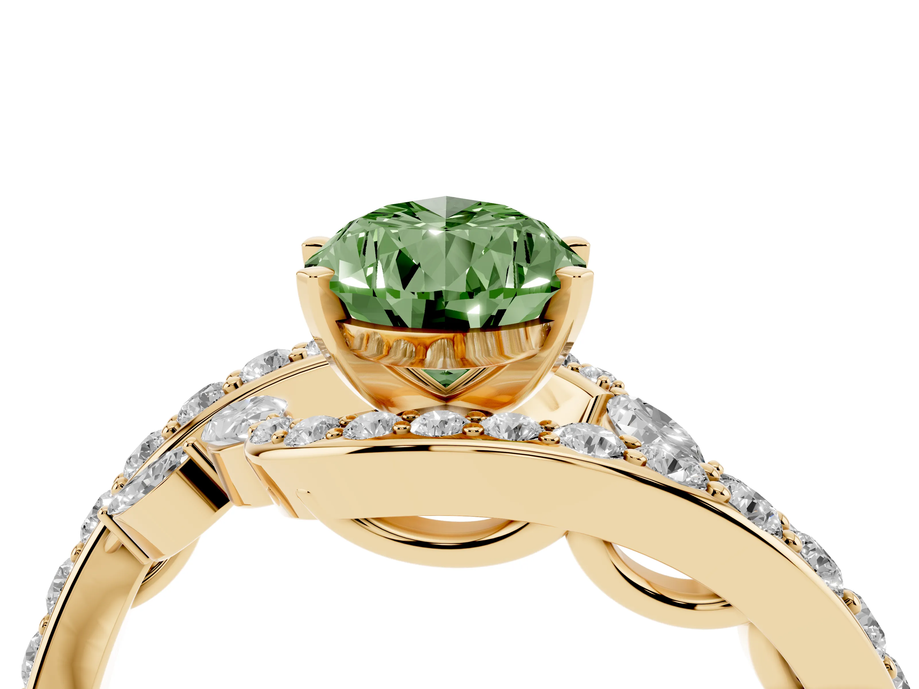 Fancy Green Pear Cut Diamond Solitaire Ring Set in Yellow gold with Pavé Twist Band and Secure Prong Setting