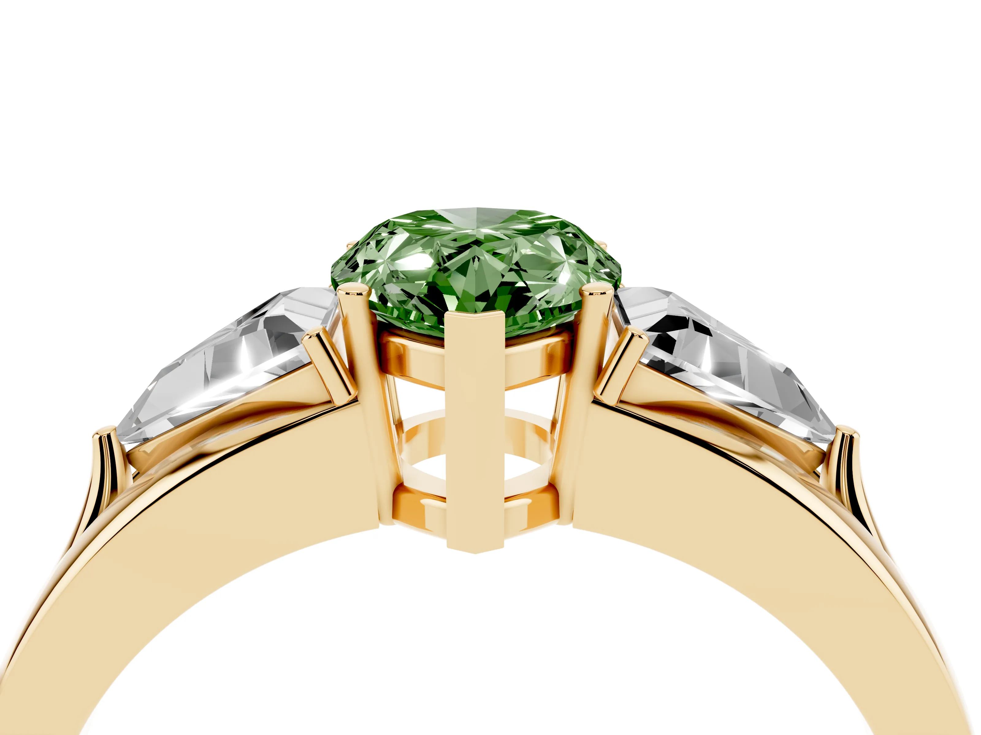 Fancy Green Pear Cut Diamond Three-Stone Ring Set in Yellow gold with Trillion Side Stones and Split Shank