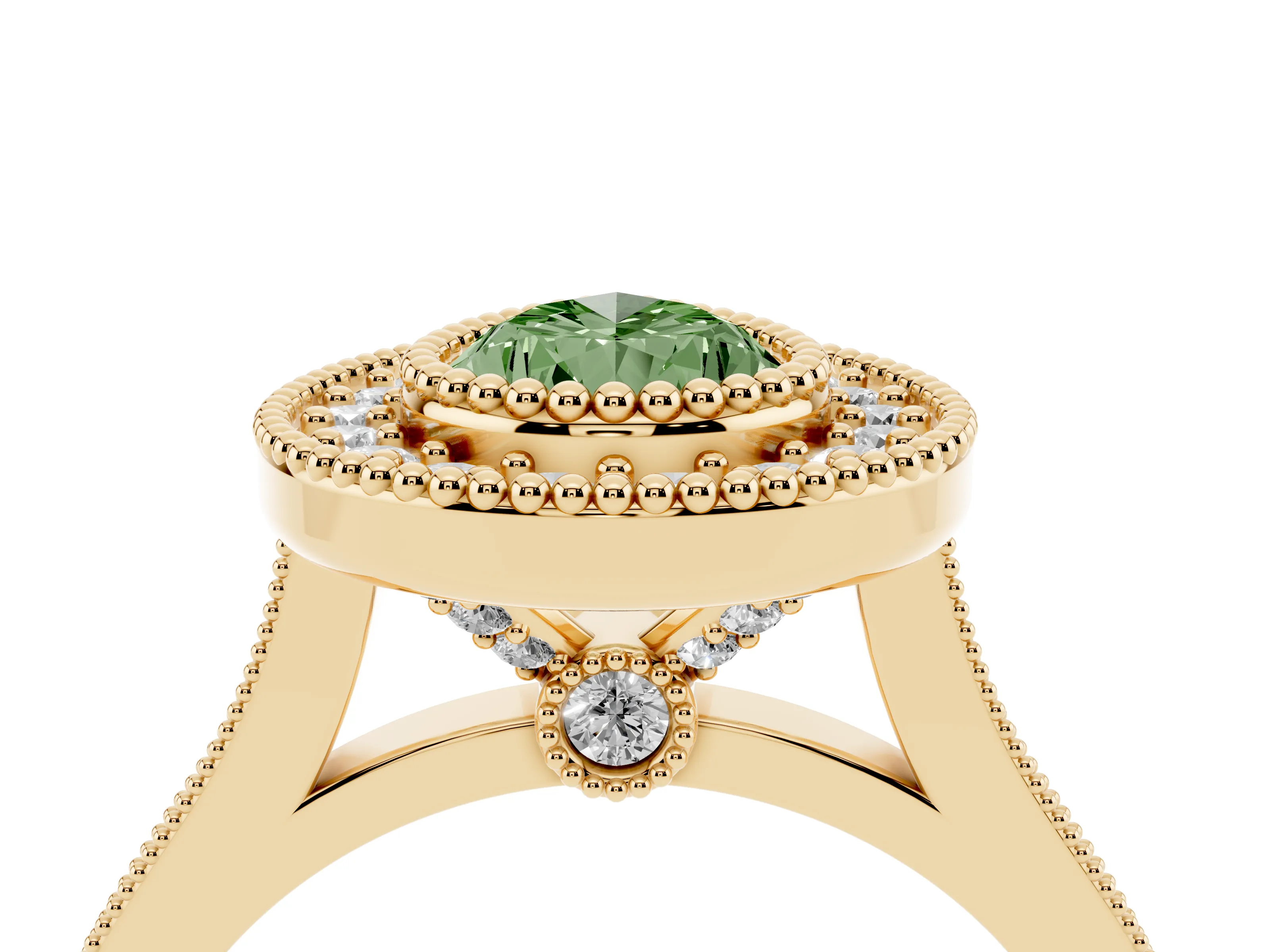 Fancy Green Pear Cut Diamond Halo Ring Set in Yellow gold with Milgrain Frame and Pavé Band