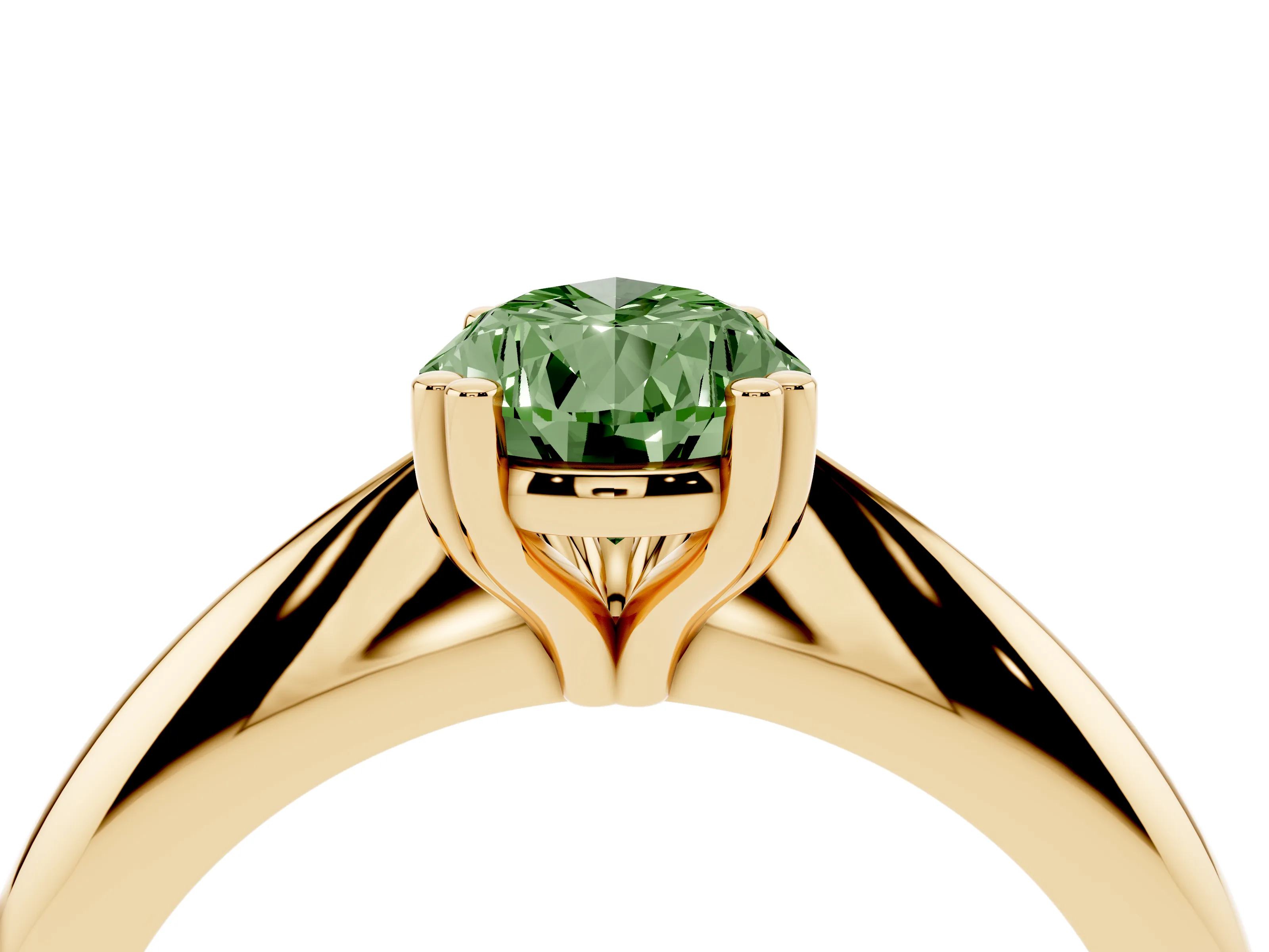 Fancy Green Pear Cut Diamond Solitaire Engagement Ring Set in Yellow gold with Tapered Band and Prong Setting