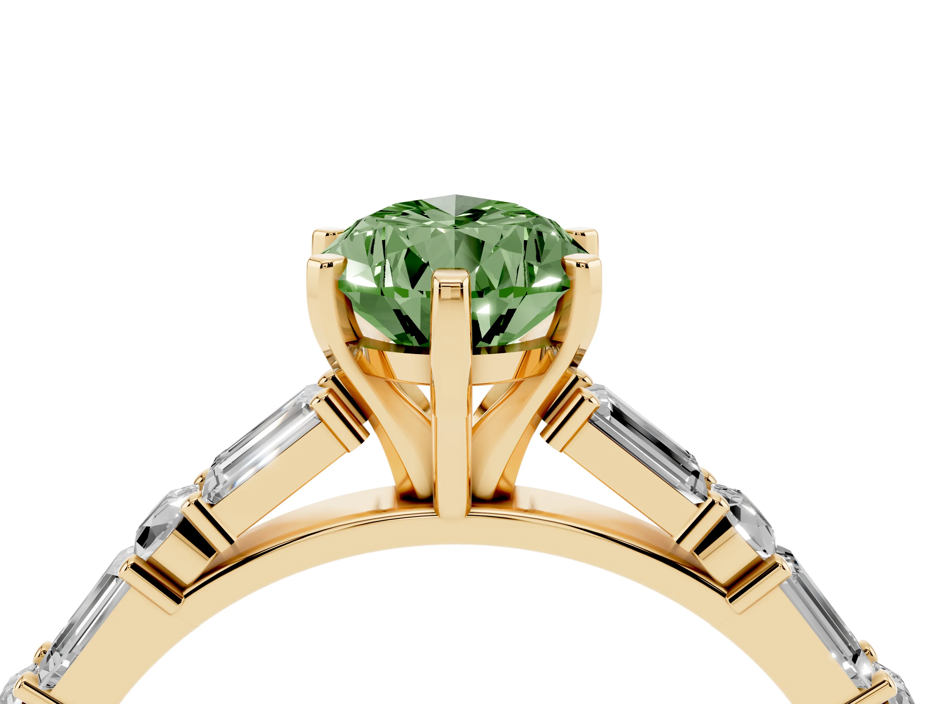 Fancy Green Pear Cut Diamond Solitaire Set in Yellow gold with Side Baguettes and Channel Set Band