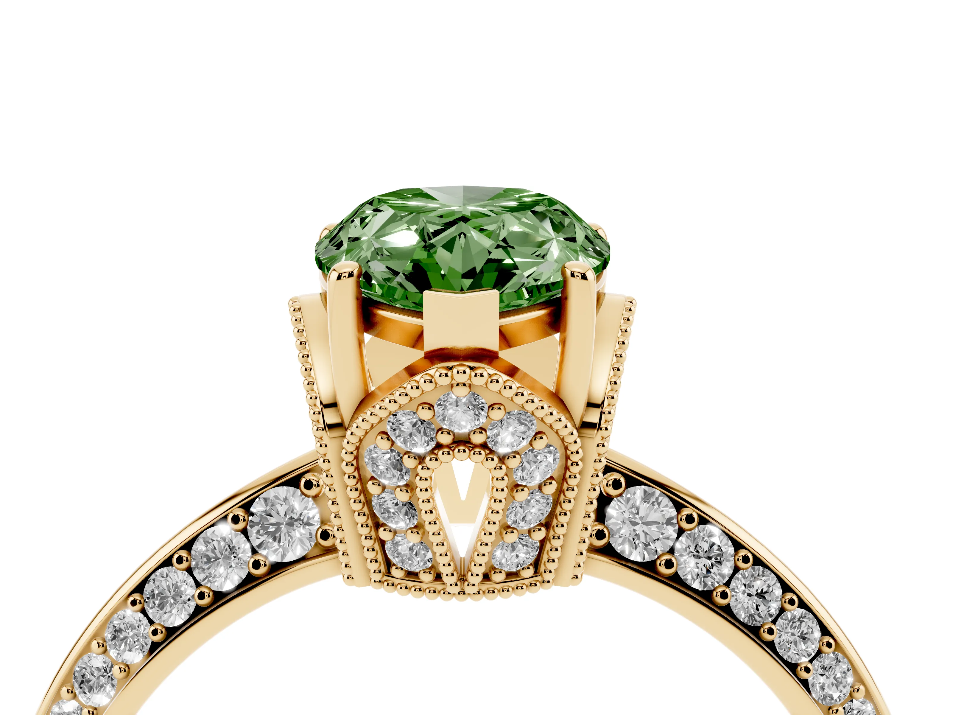 Fancy Green Pear Cut Diamond Solitaire Engagement Ring Set in Yellow gold with Pavé Split Shank and Prong Setting