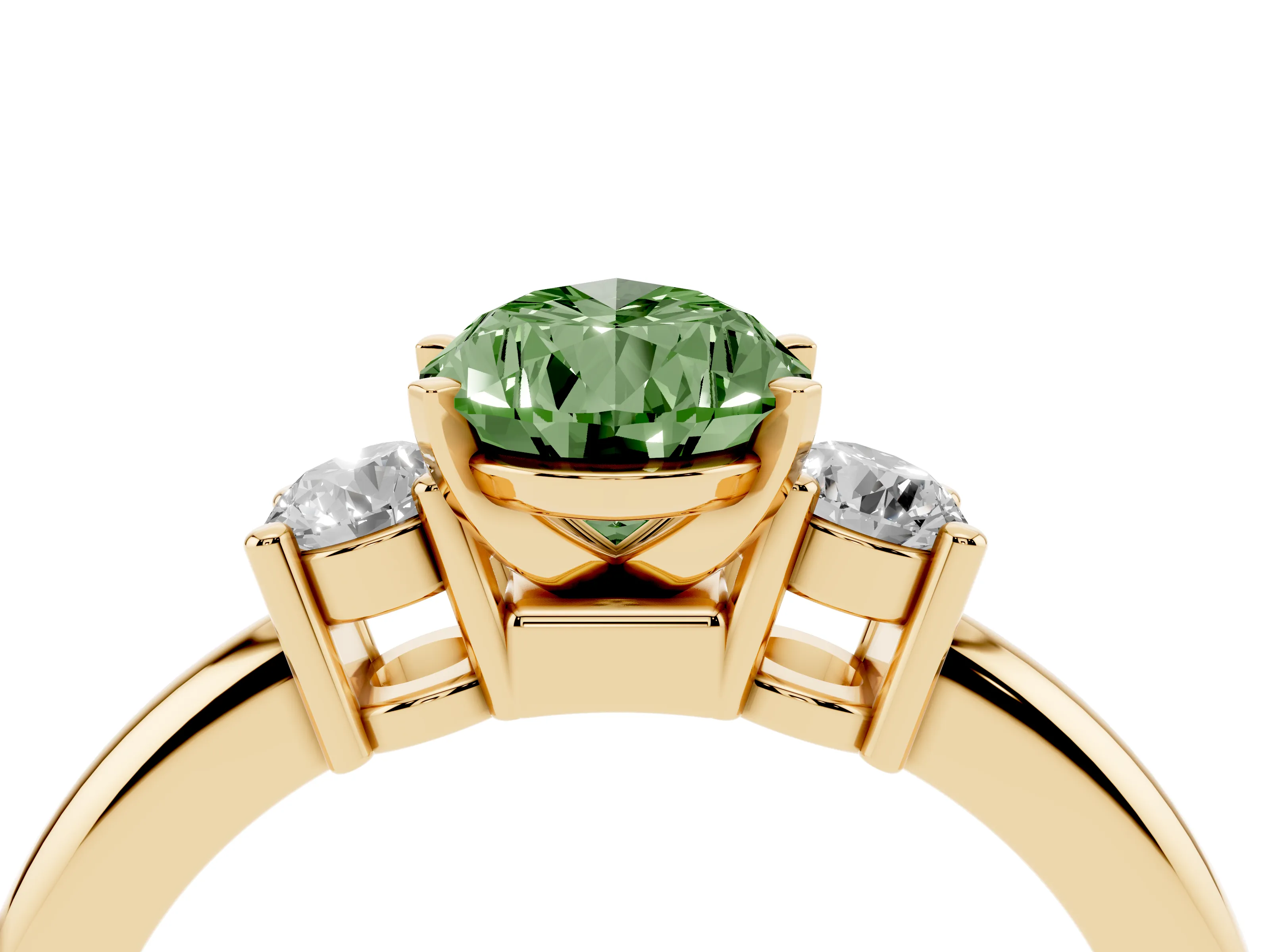 Fancy Green Three-Stone Pear Cut Diamond Ring Set in Yellow gold with Prong Setting and Plain Band