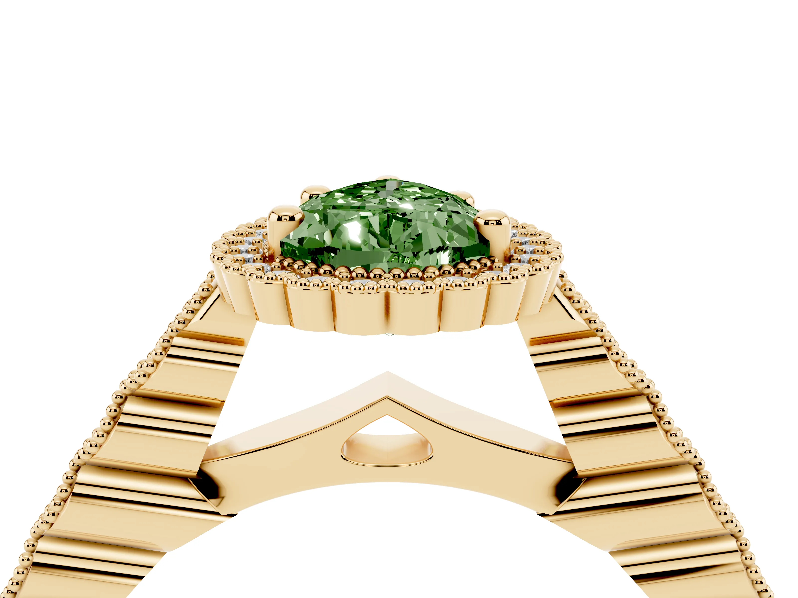 Fancy Green Pear Cut Diamond Halo Ring Set in Yellow gold with Pavé Milgrain Band