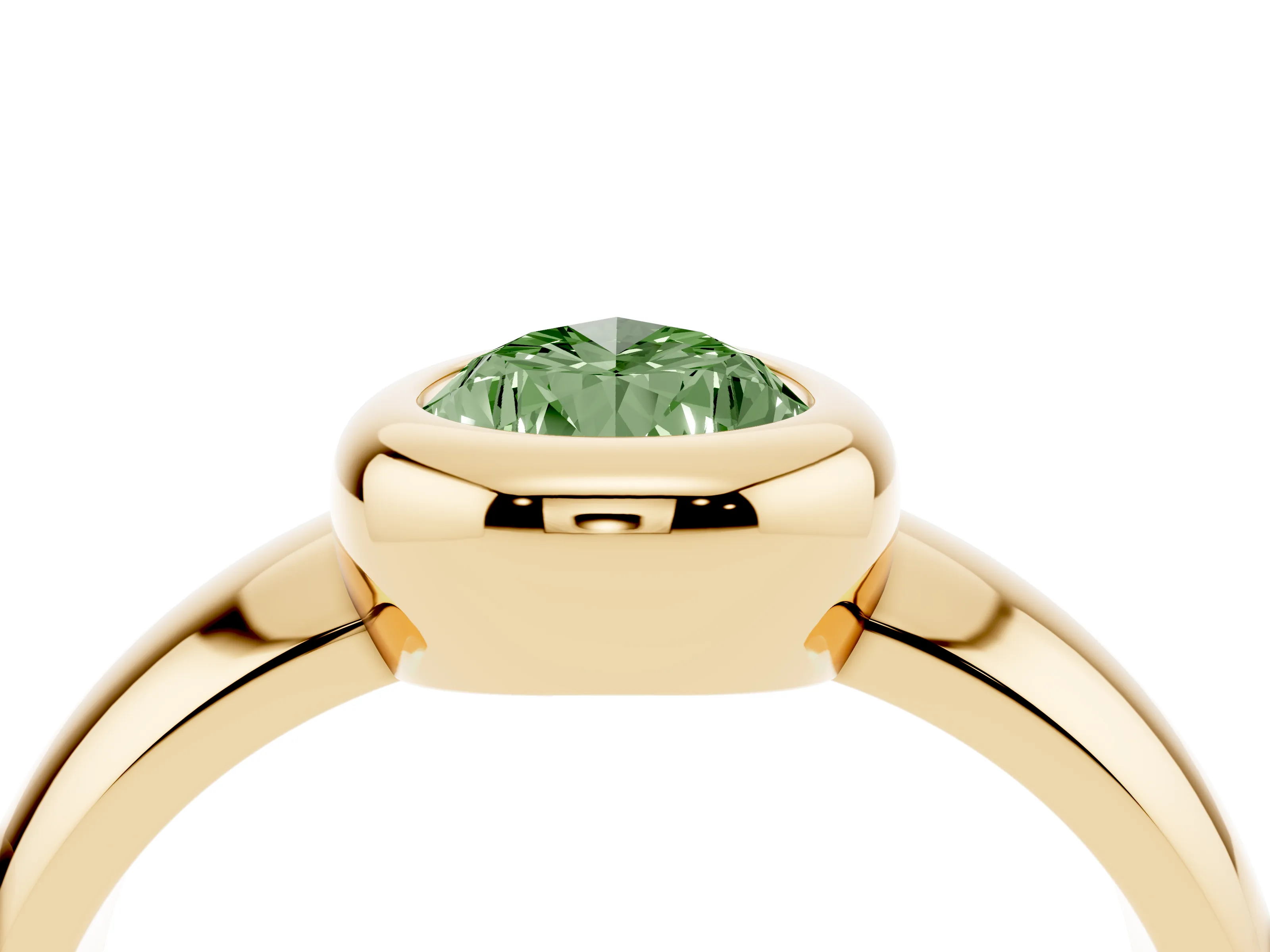 Fancy Green Bezel Set Pear Cut Diamond Solitaire Ring Set in Yellow gold with Wide Band