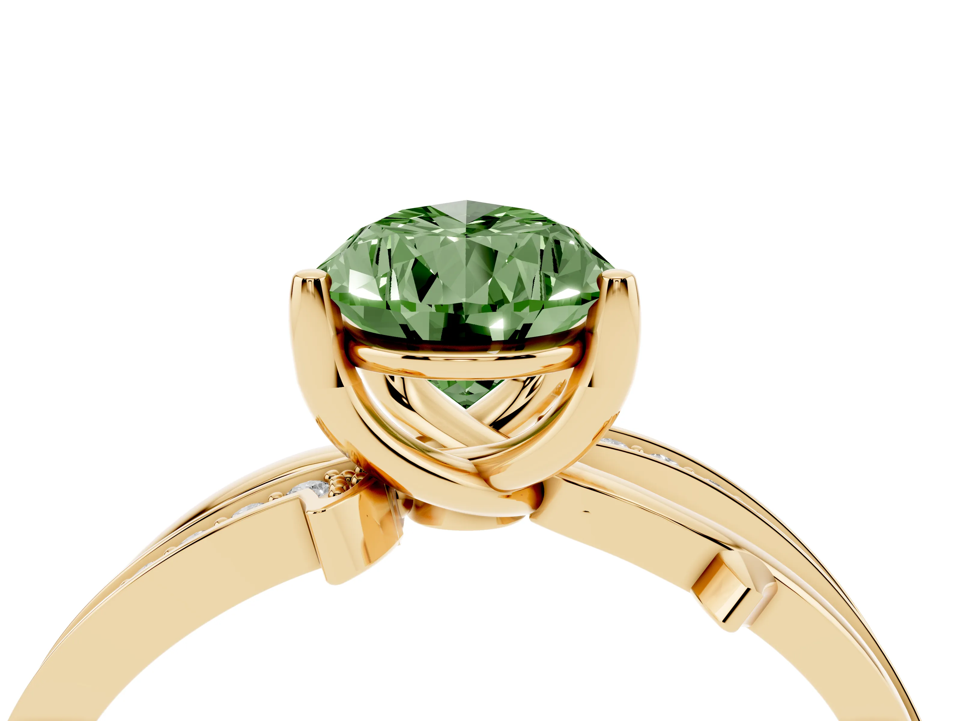 Fancy Green Pear Cut Diamond Pavé Twist Band Solitaire Ring Set in Yellow gold with Prong Setting