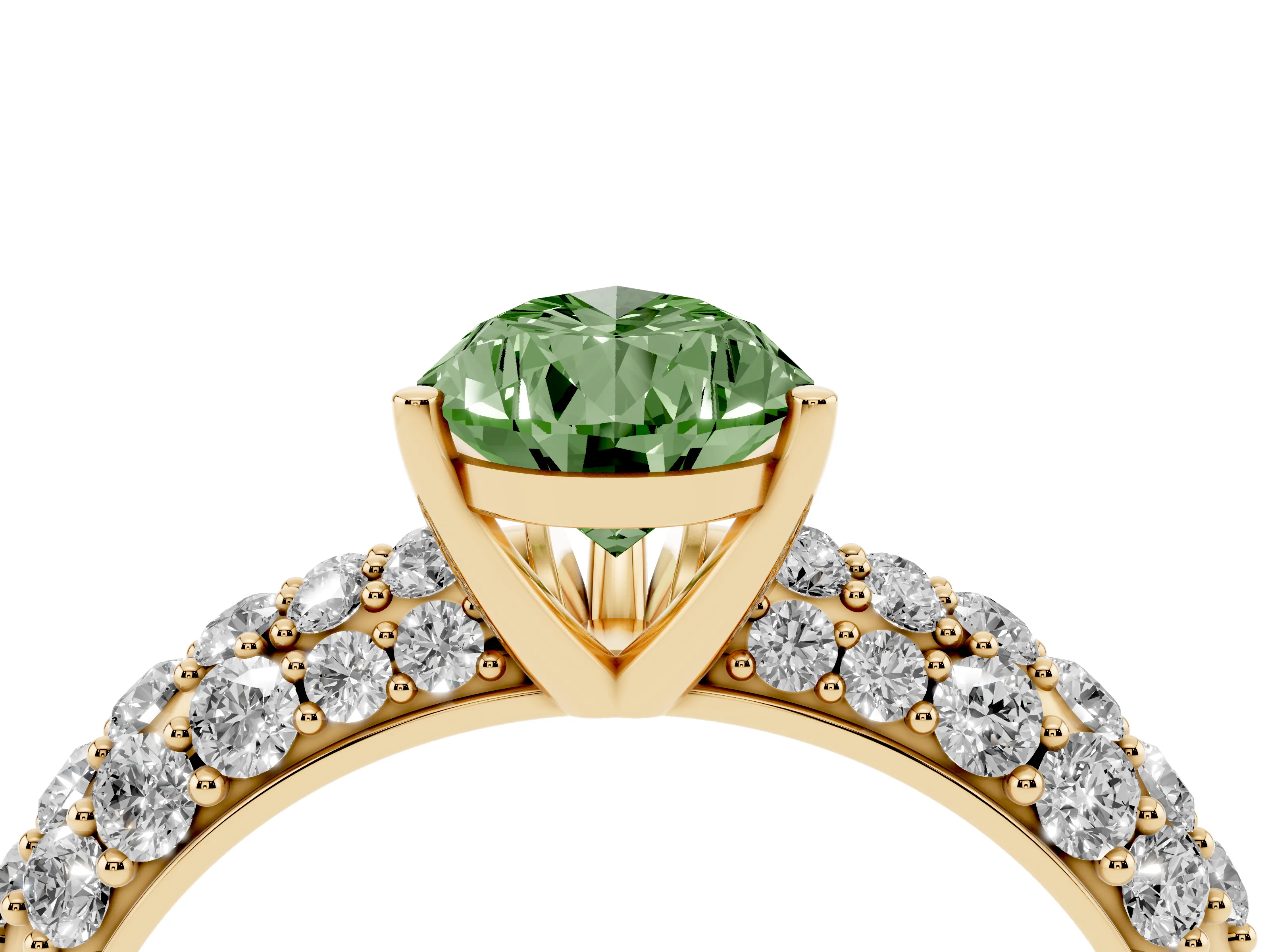 Fancy Green Pear Cut Diamond Pavé Band Solitaire Ring Set in Yellow gold with Close-Set Accent Stones and Prong Setting