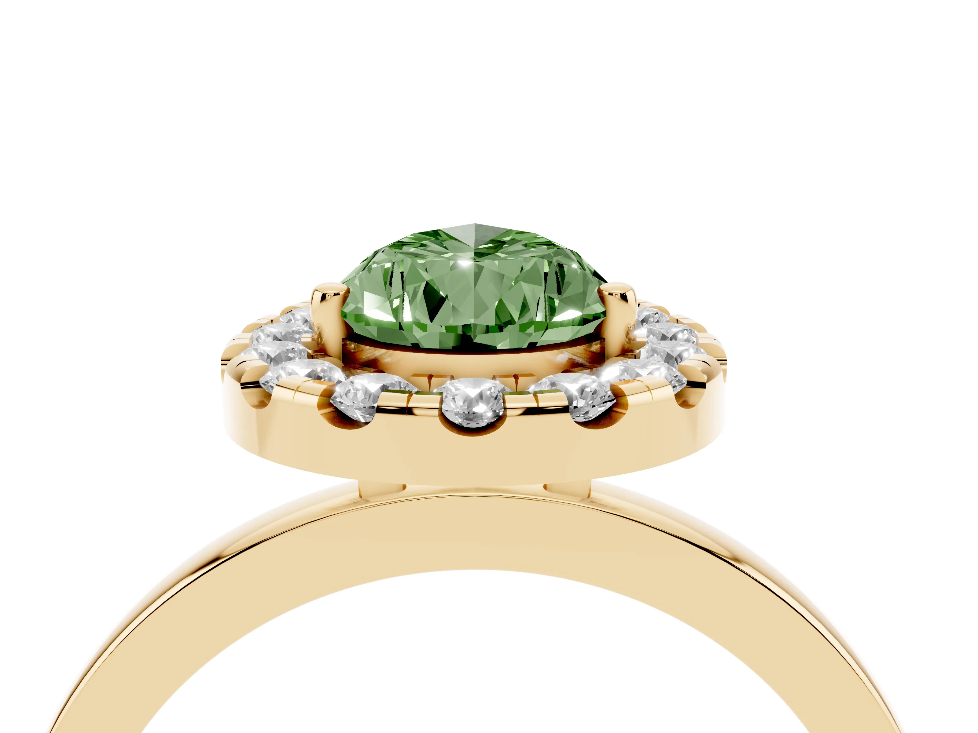 Fancy Green Pear Cut Diamond Halo Solitaire Ring Set in Yellow gold with Pavé Band and Prong Setting