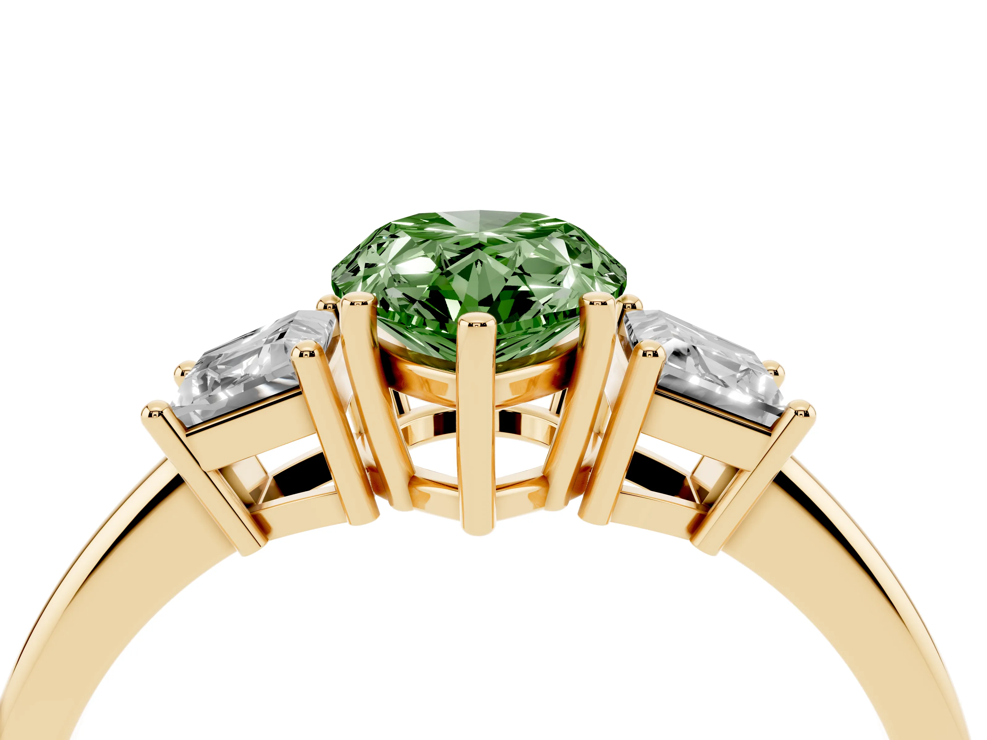 Fancy Green Pear Cut Diamond Three-Stone Ring Set in Yellow gold with Trapezoid Side Stones and Prong Setting