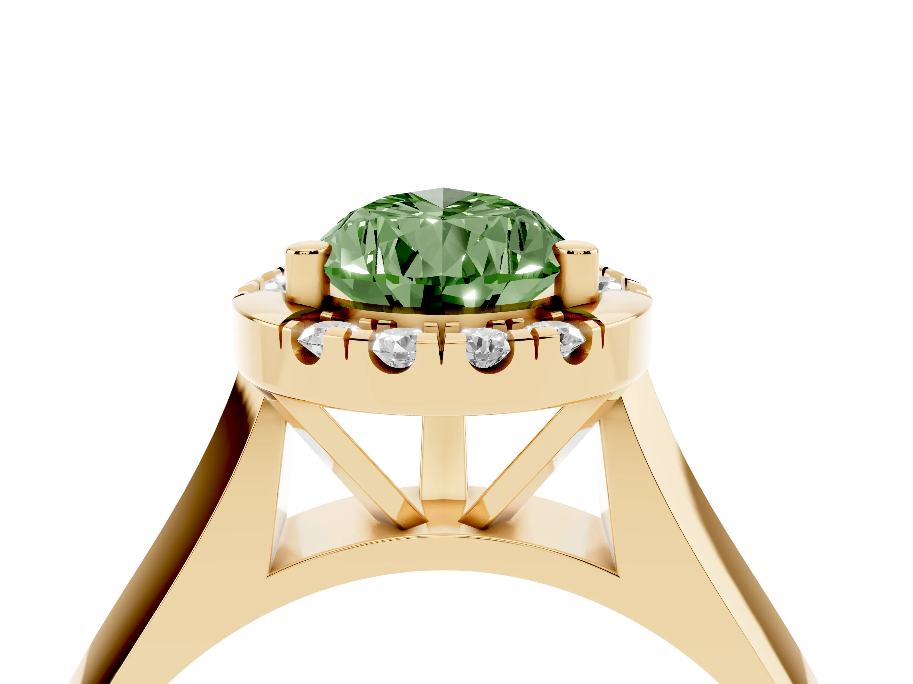 Fancy Green Pear Cut Diamond Halo Solitaire Engagement Ring Set in Yellow gold with Square Band and Prong Setting