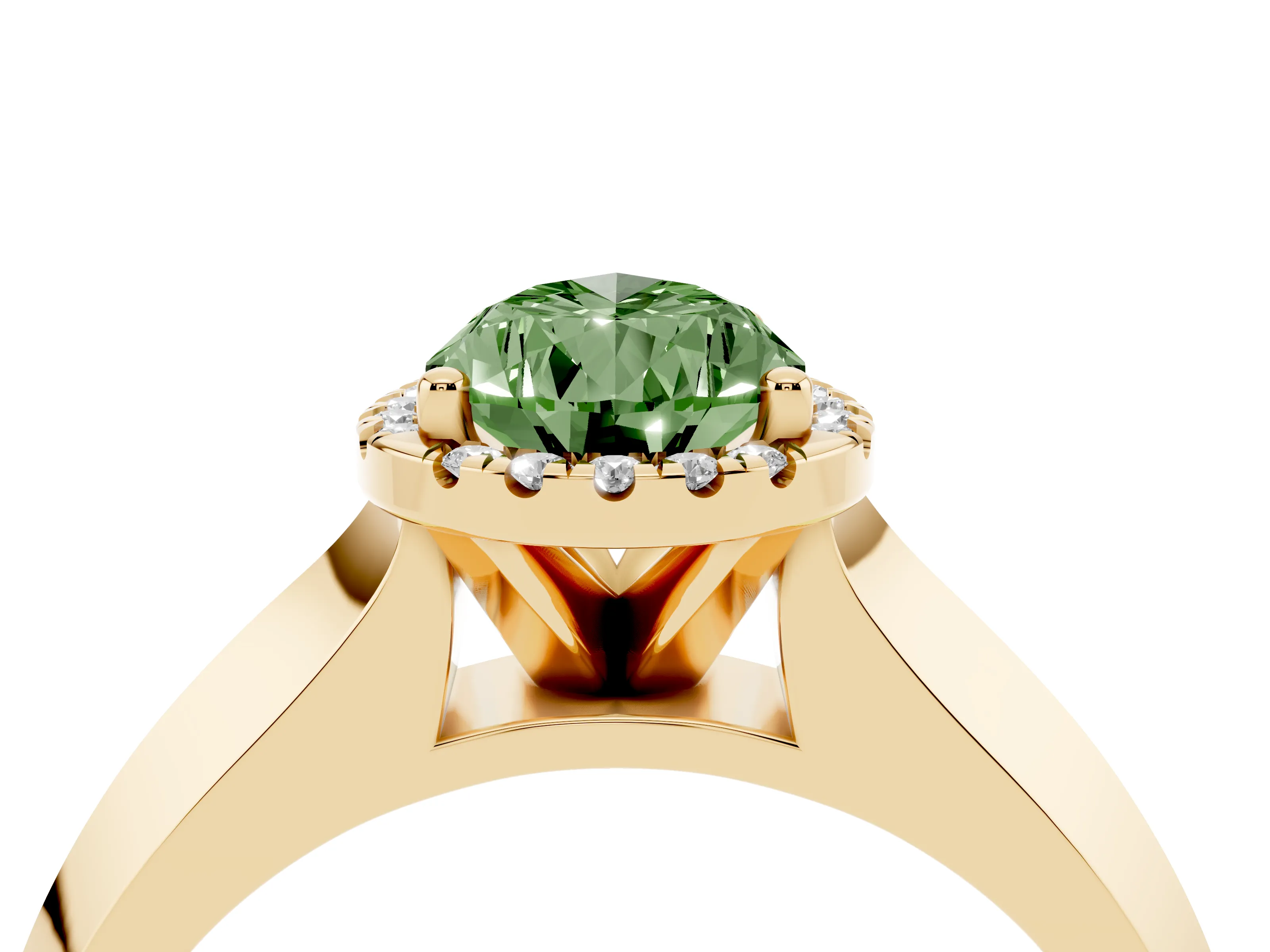 Fancy Green Pear Cut Diamond Halo Ring Set in Yellow gold with Cathedral Band and Prong Setting