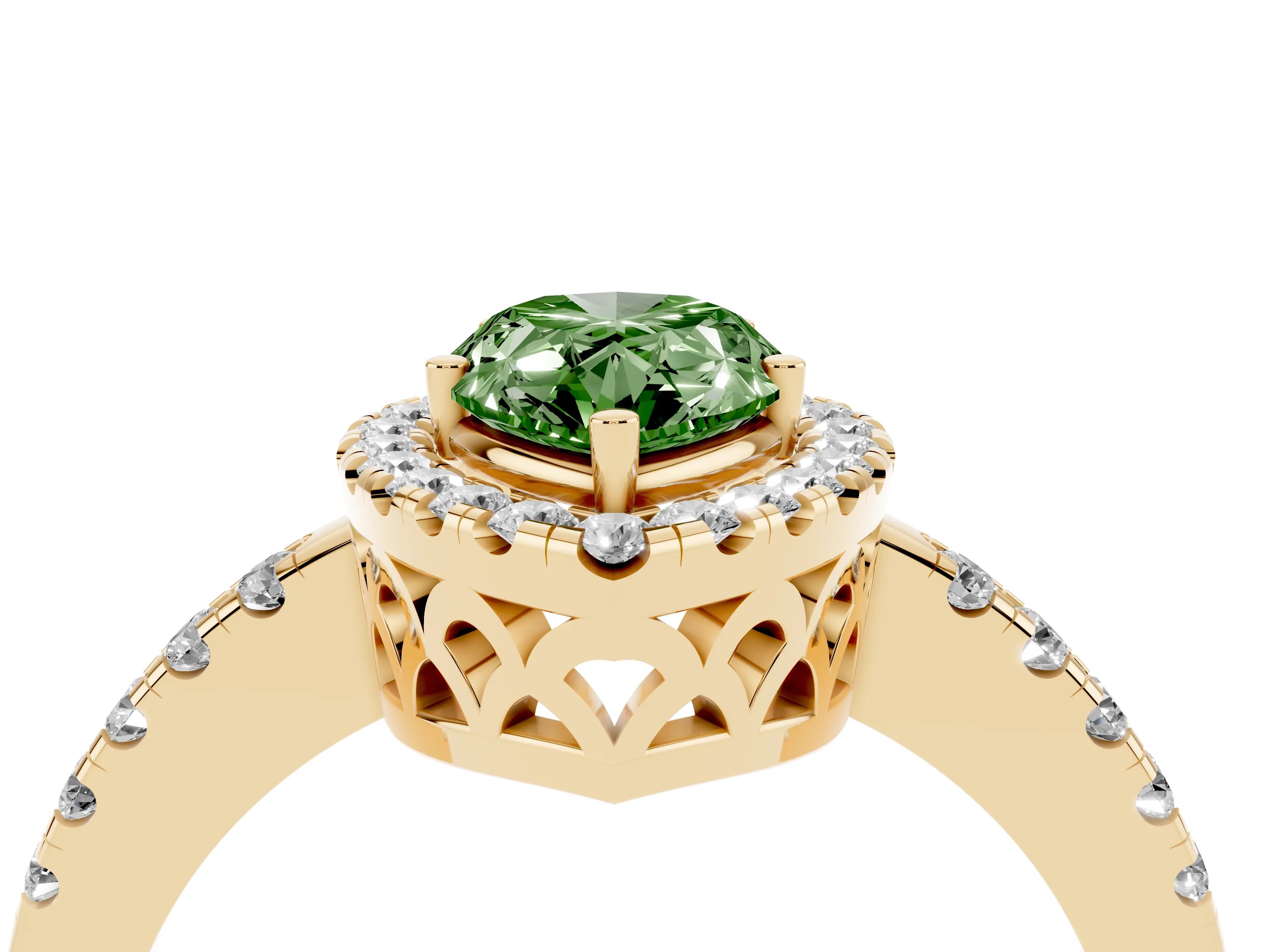 Fancy Green Pear Cut Diamond Pavé Band Halo Engagement Ring Set in Yellow gold with Prong Setting