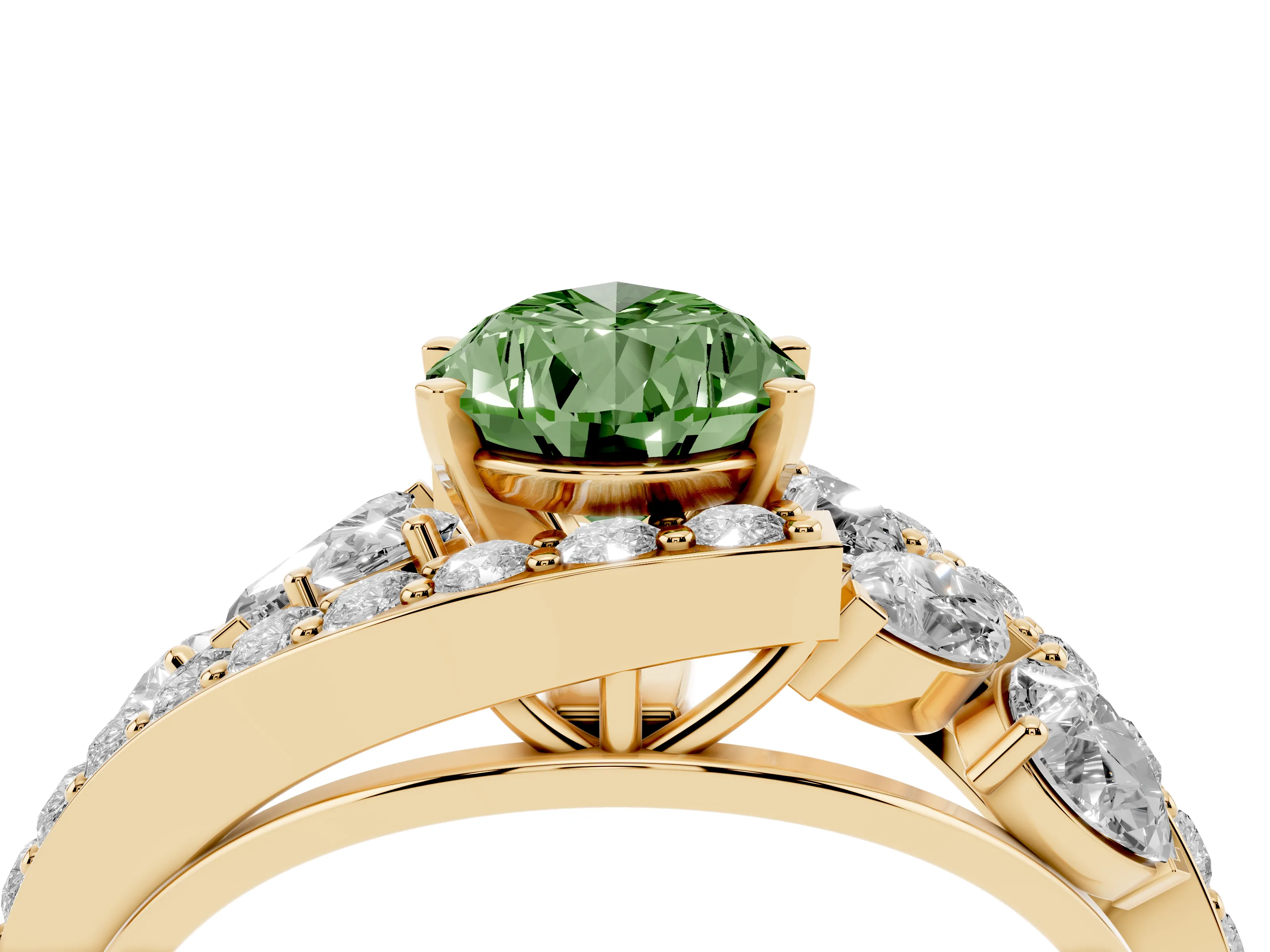 Fancy Green Pear Cut Diamond Halo Ring Set in Yellow gold with Marquise and Pavé Band in Prong Setting