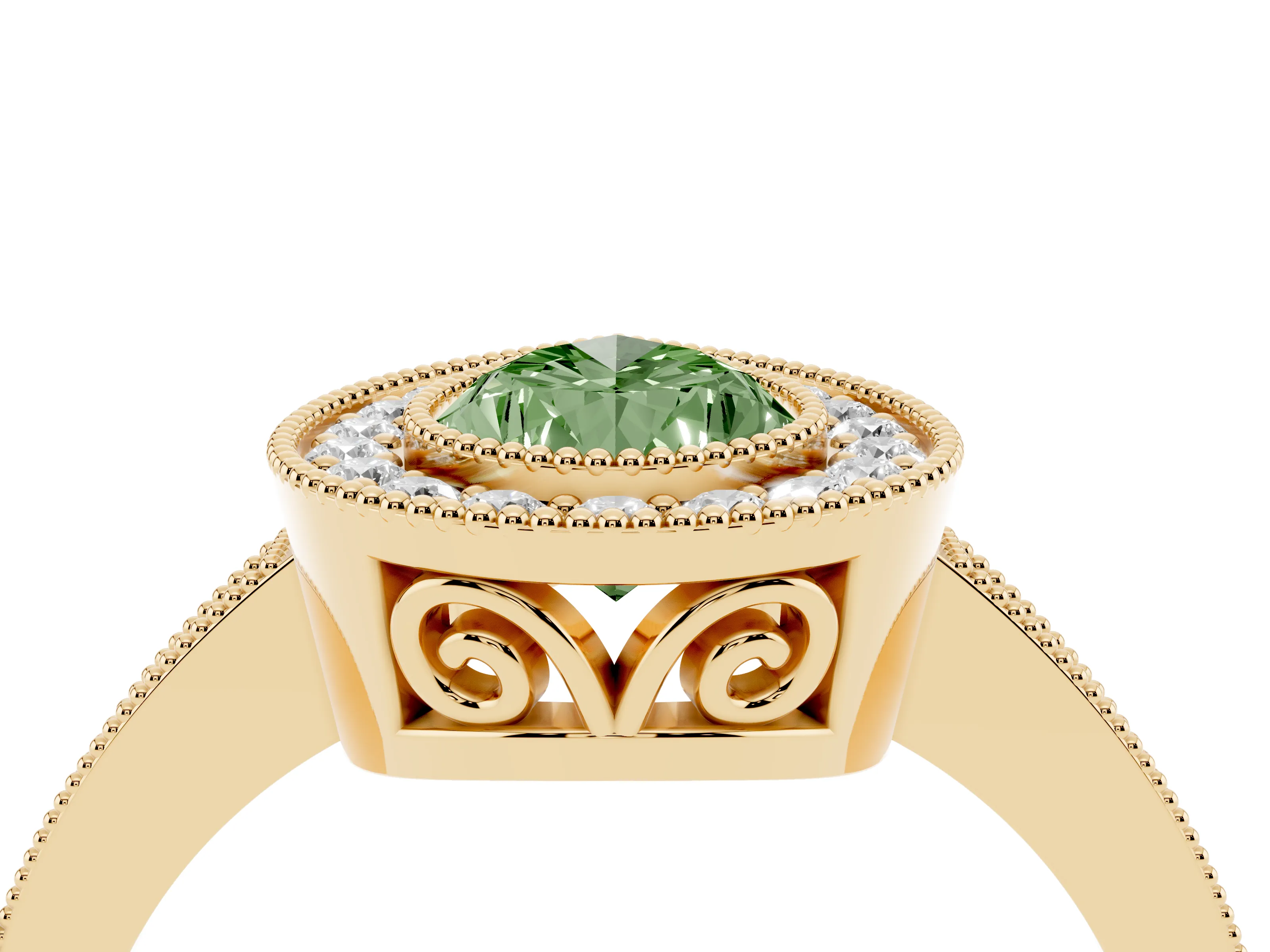 Fancy Green Pear Cut Diamond Halo Ring Set in Yellow gold with Pavé Band and Milgrain-Edged Prongs