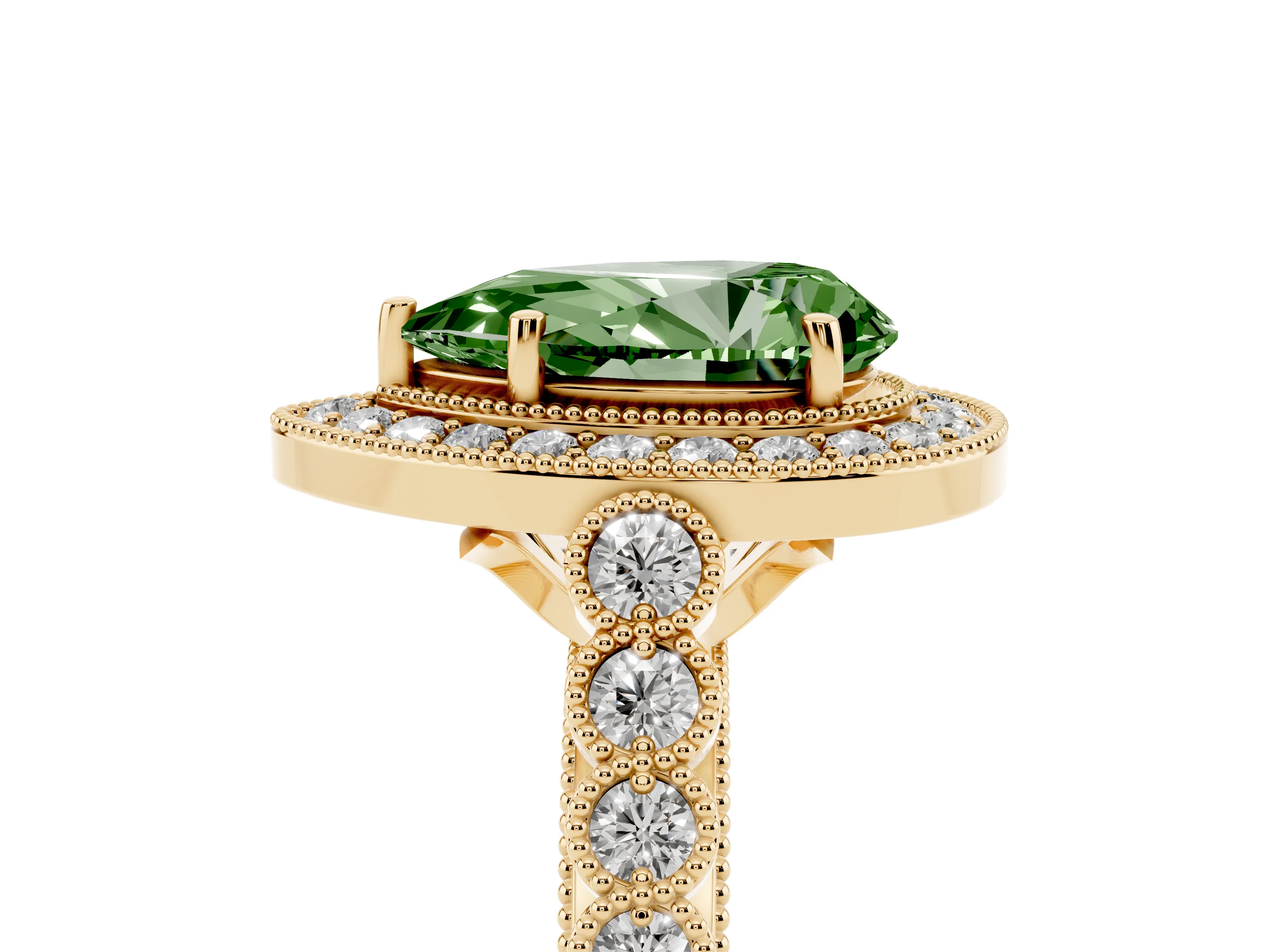 Fancy Green Pear Cut Diamond Milgrain Halo Solitaire Ring Set in Yellow gold with Bezel Set Side Stones and Pavé Band