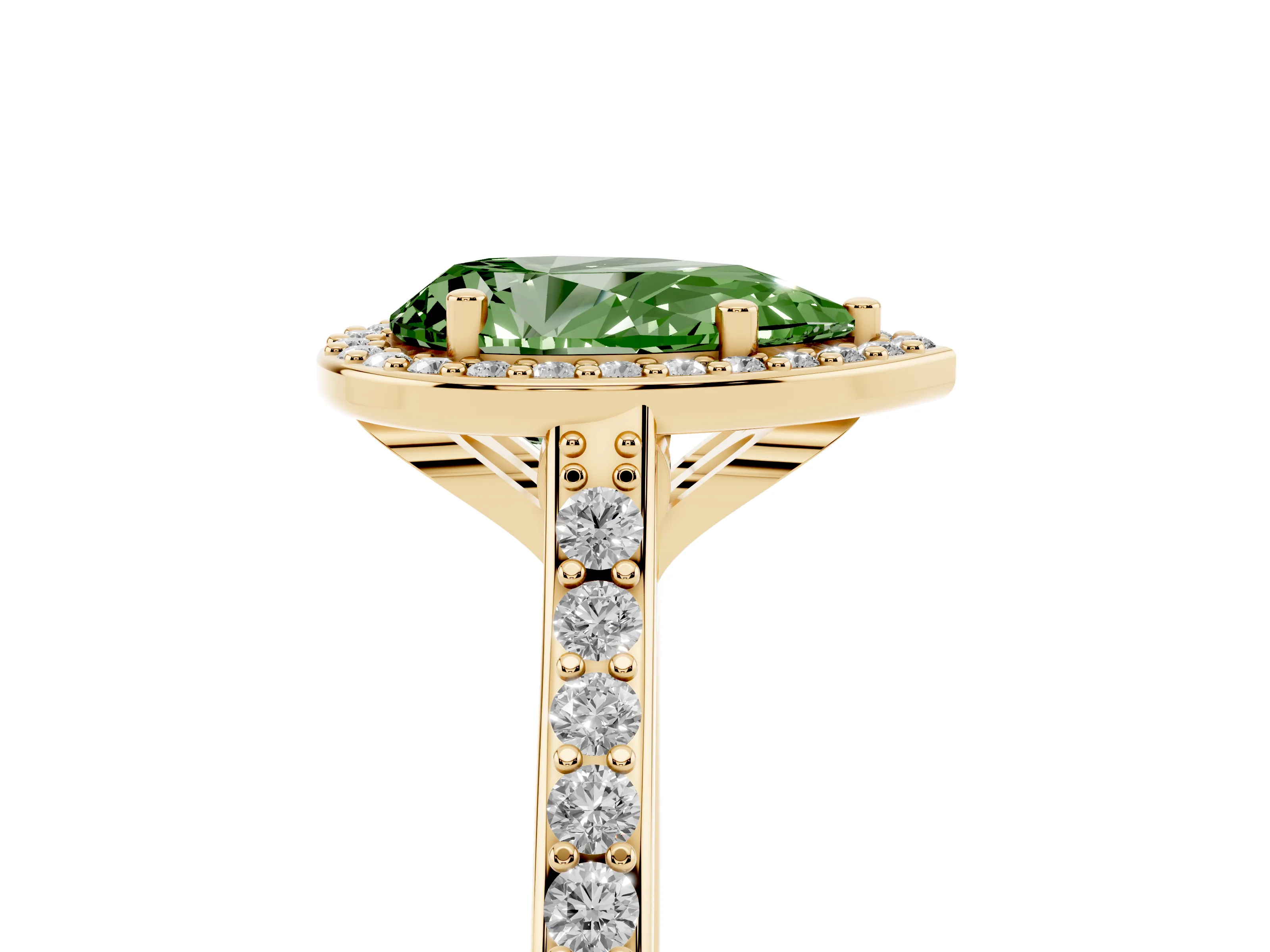 Fancy Green Pear Cut Diamond Halo Engagement Ring Set in Yellow gold with Round Pavé Shoulders and Heart Gallery