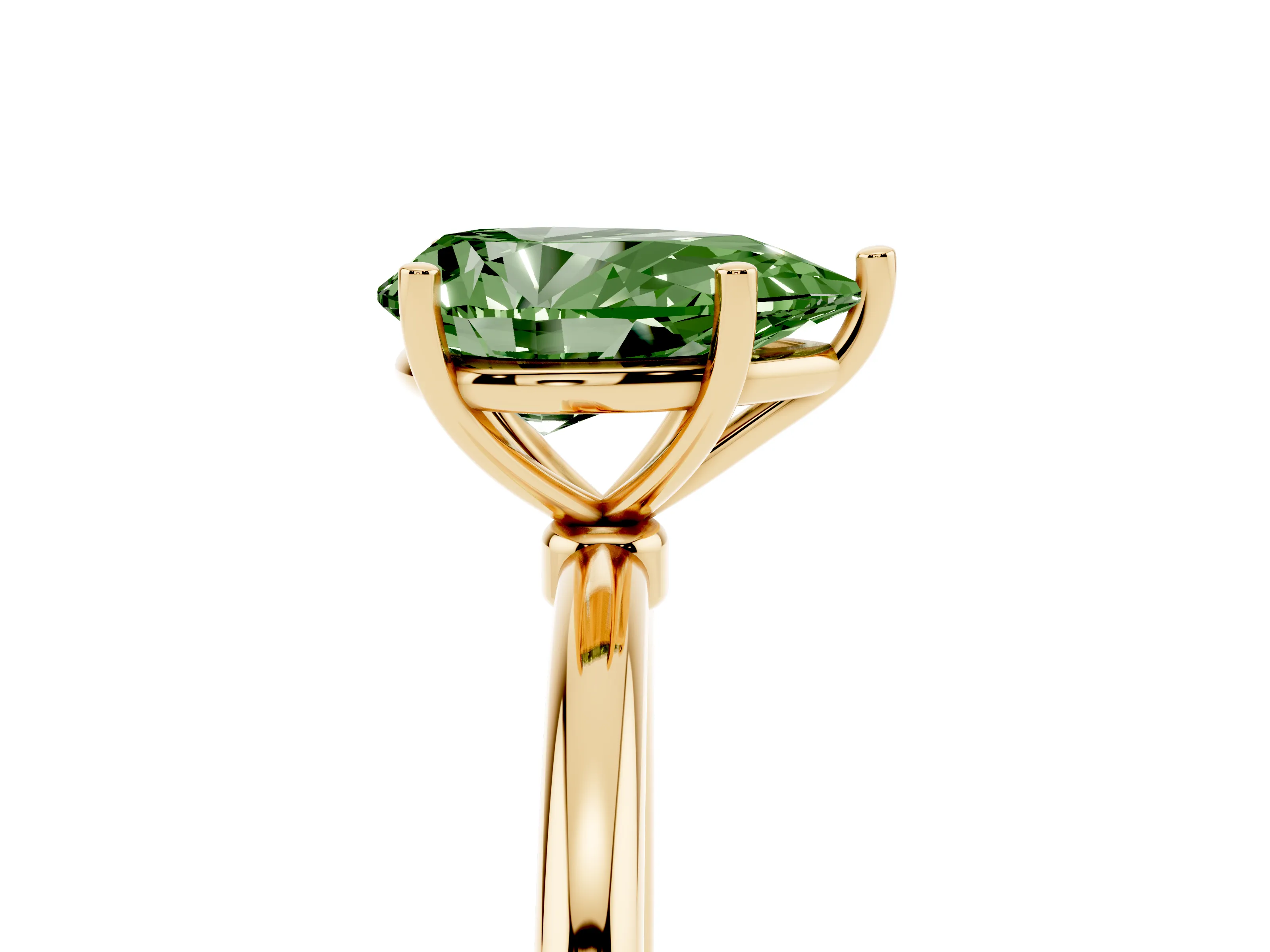 Fancy Green Pear Cut Diamond Solitaire Engagement Ring Set in Yellow gold with Thin Band and Prong Setting