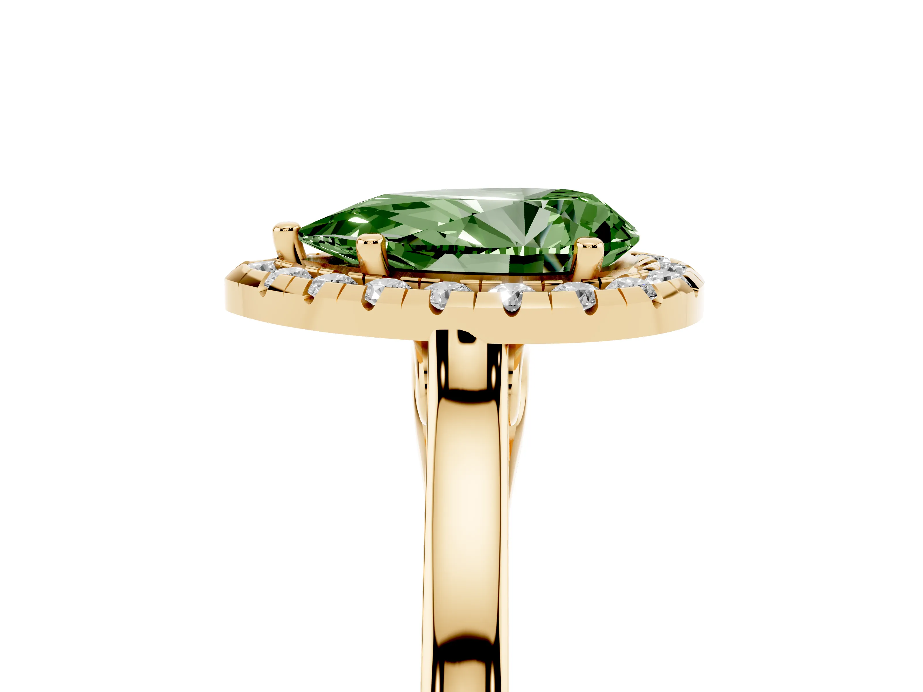 Fancy Green Pear Cut Halo Round Diamond Solitaire Ring Set in Yellow gold with Pavé Band and Prong Setting