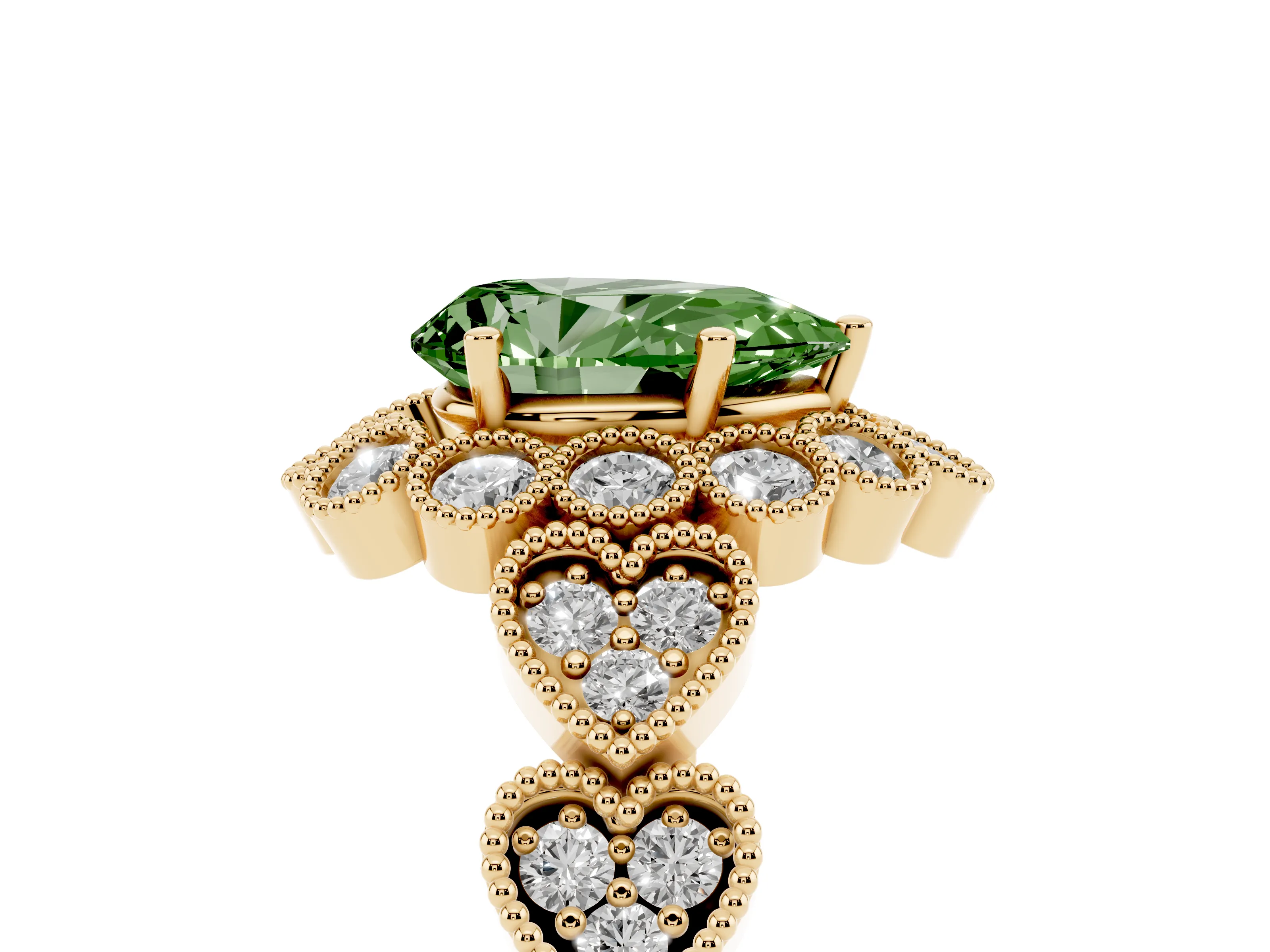 Fancy Green Pear Cut Diamond Solitaire Ring Set in Yellow gold with Milgrain Pavé Heart Band