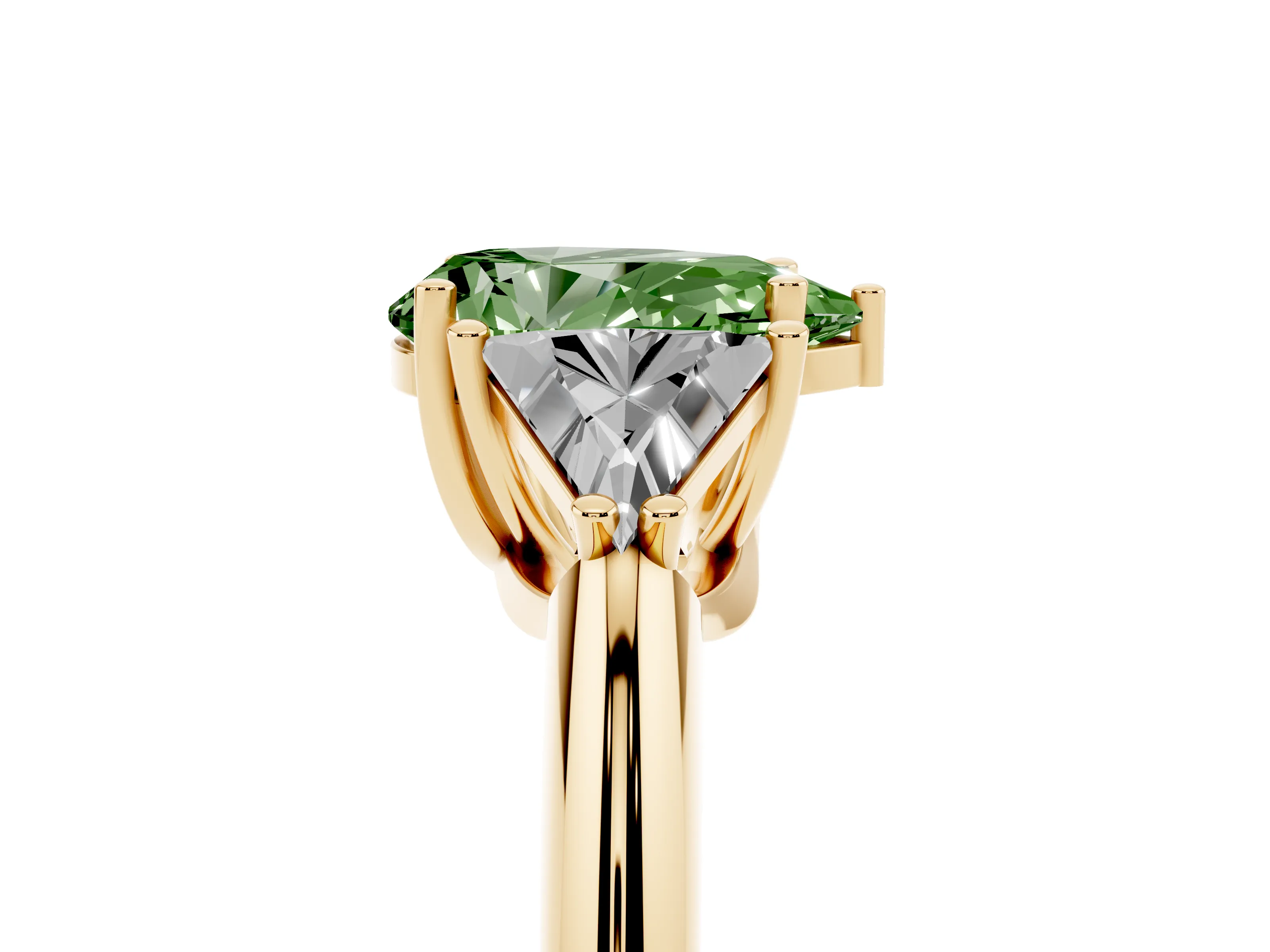 Fancy Green Pear Cut Diamond Three-Stone Engagement Ring Set in Yellow gold with Trillion Side Stones