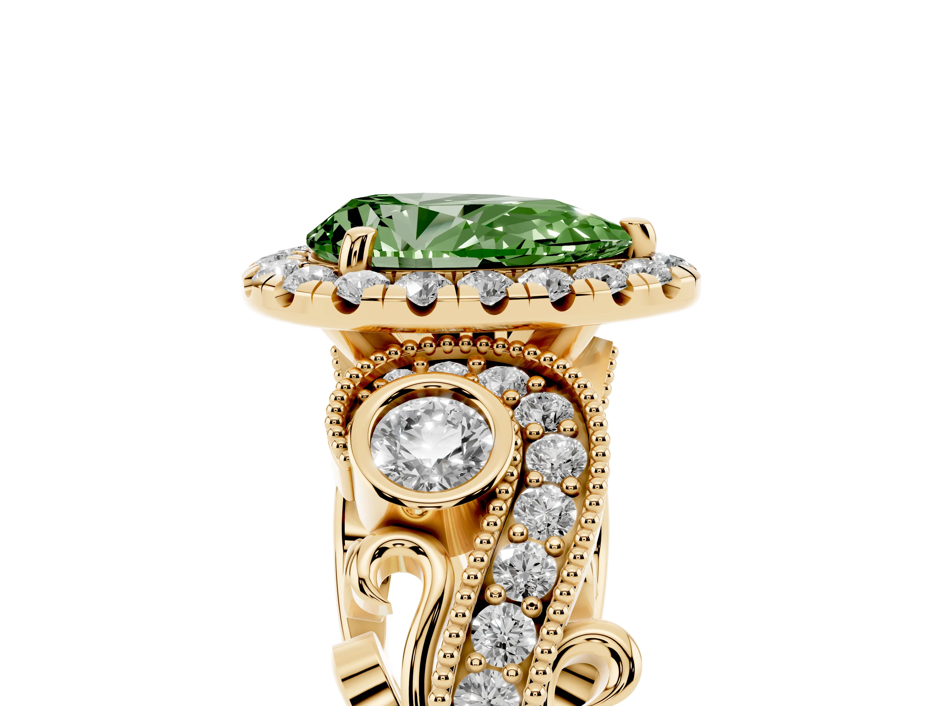 Fancy Green Pear Cut Diamond Halo Ring Set in Yellow gold with Milgrain Pavé Band and Prong Setting