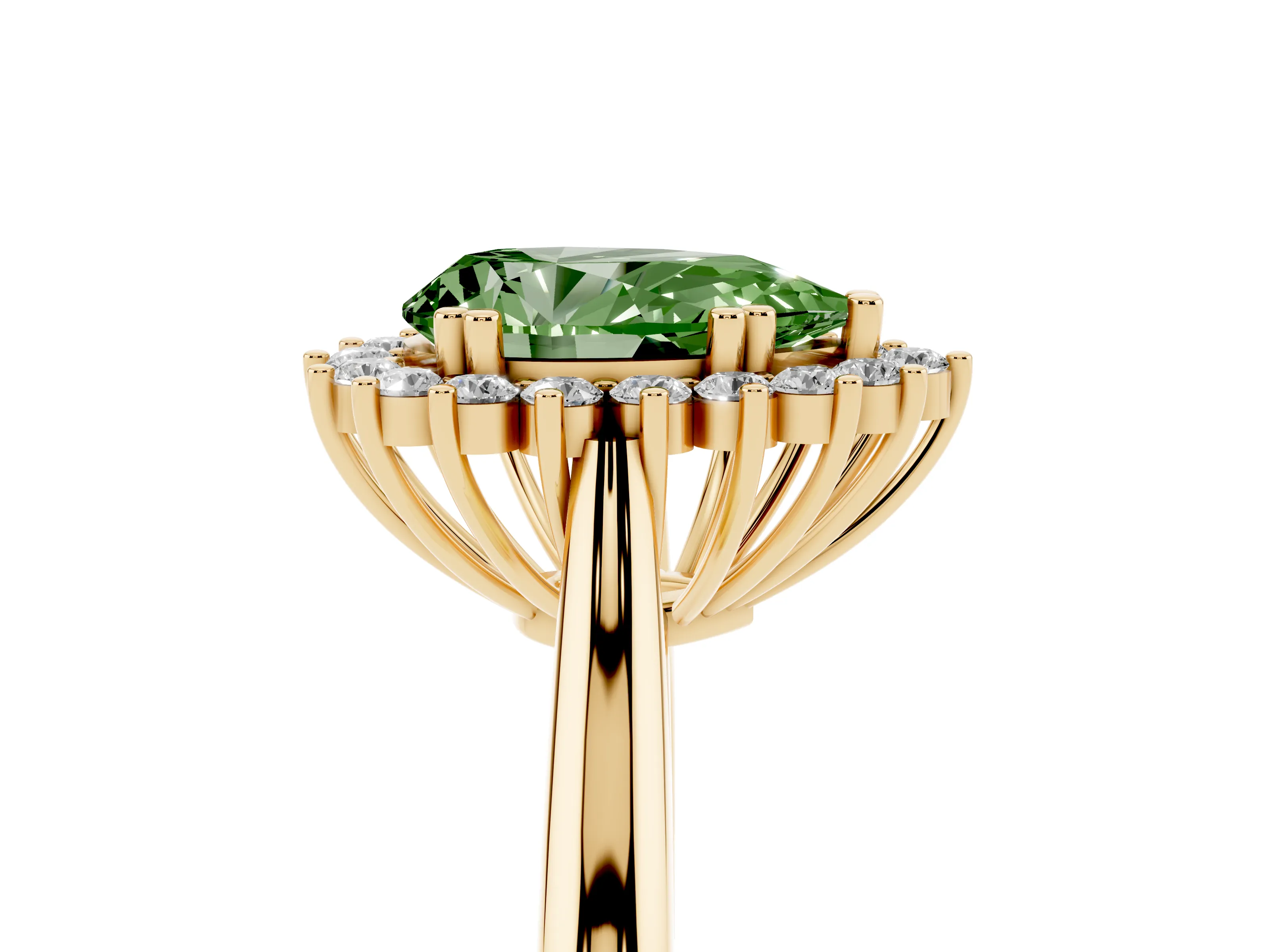 Fancy Green Pear Cut Diamond Halo Ring Set in Yellow gold with Plain Solitaire Band and Prong Setting