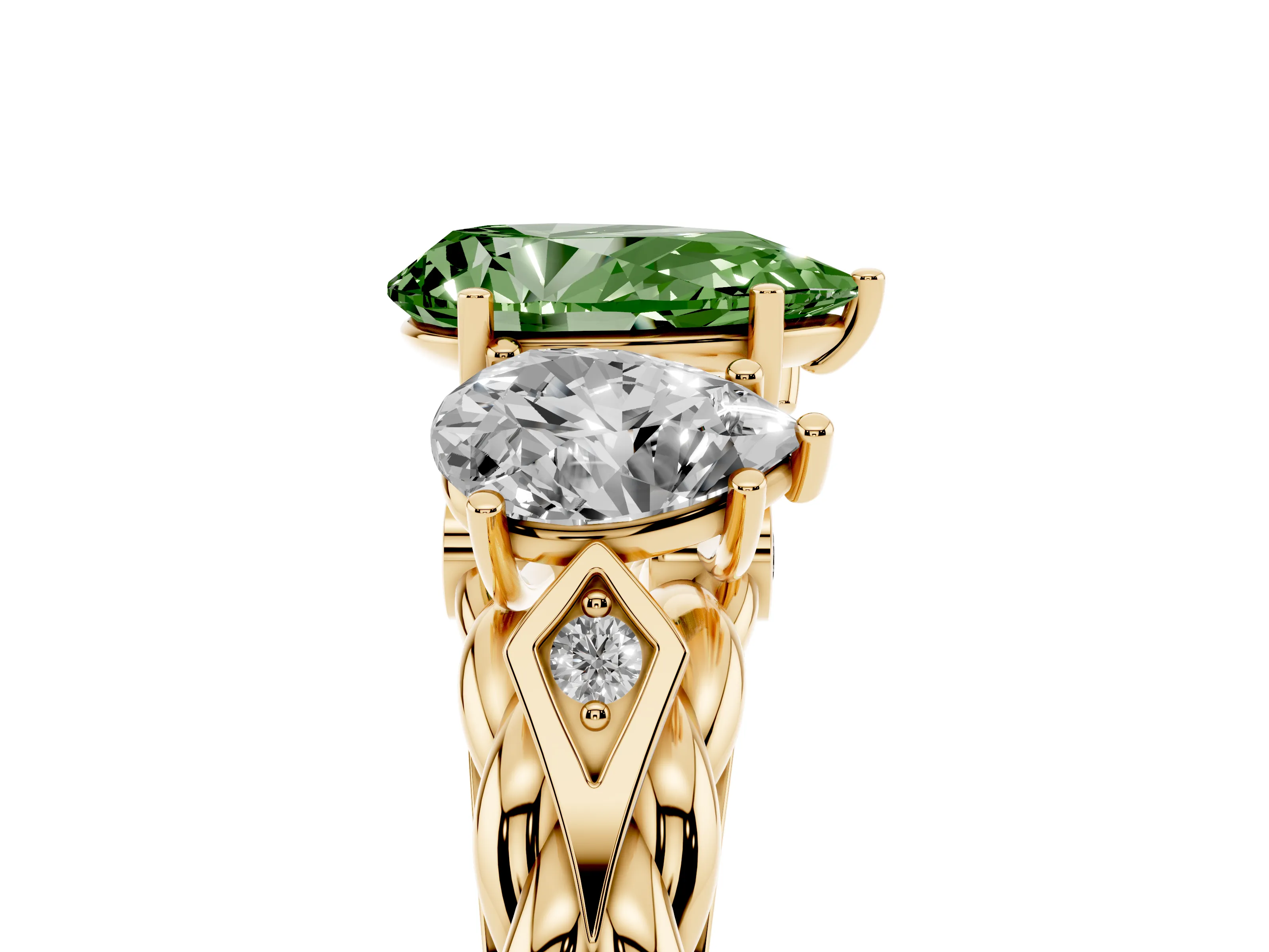 Fancy Green Pear Cut Diamond Three-Stone Ring Set in Yellow gold with Braided Band