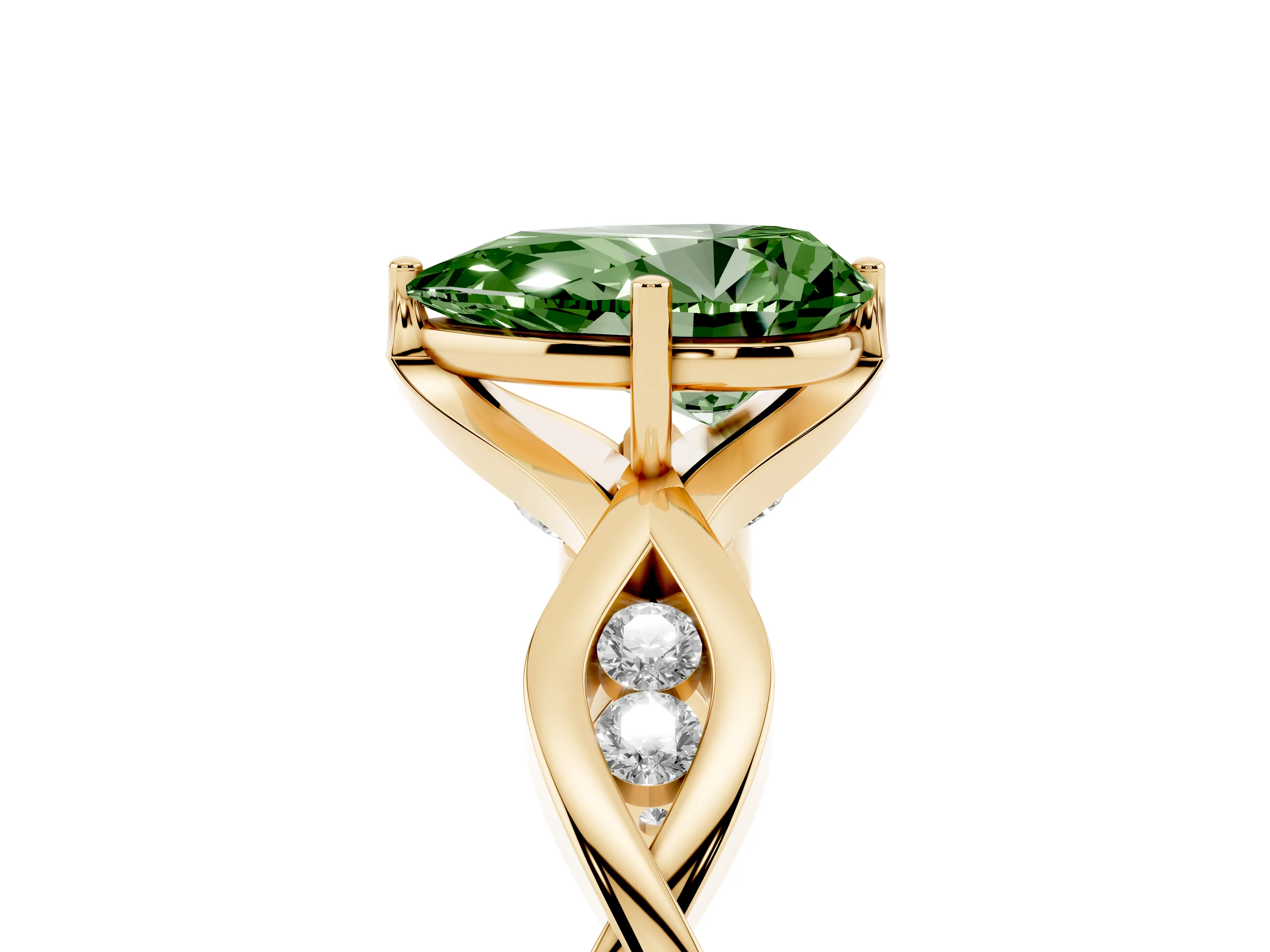Fancy Green Pear Cut Diamond Twist Band Solitaire Ring Set in Yellow gold with Leaf Prong Setting and Accent Stones