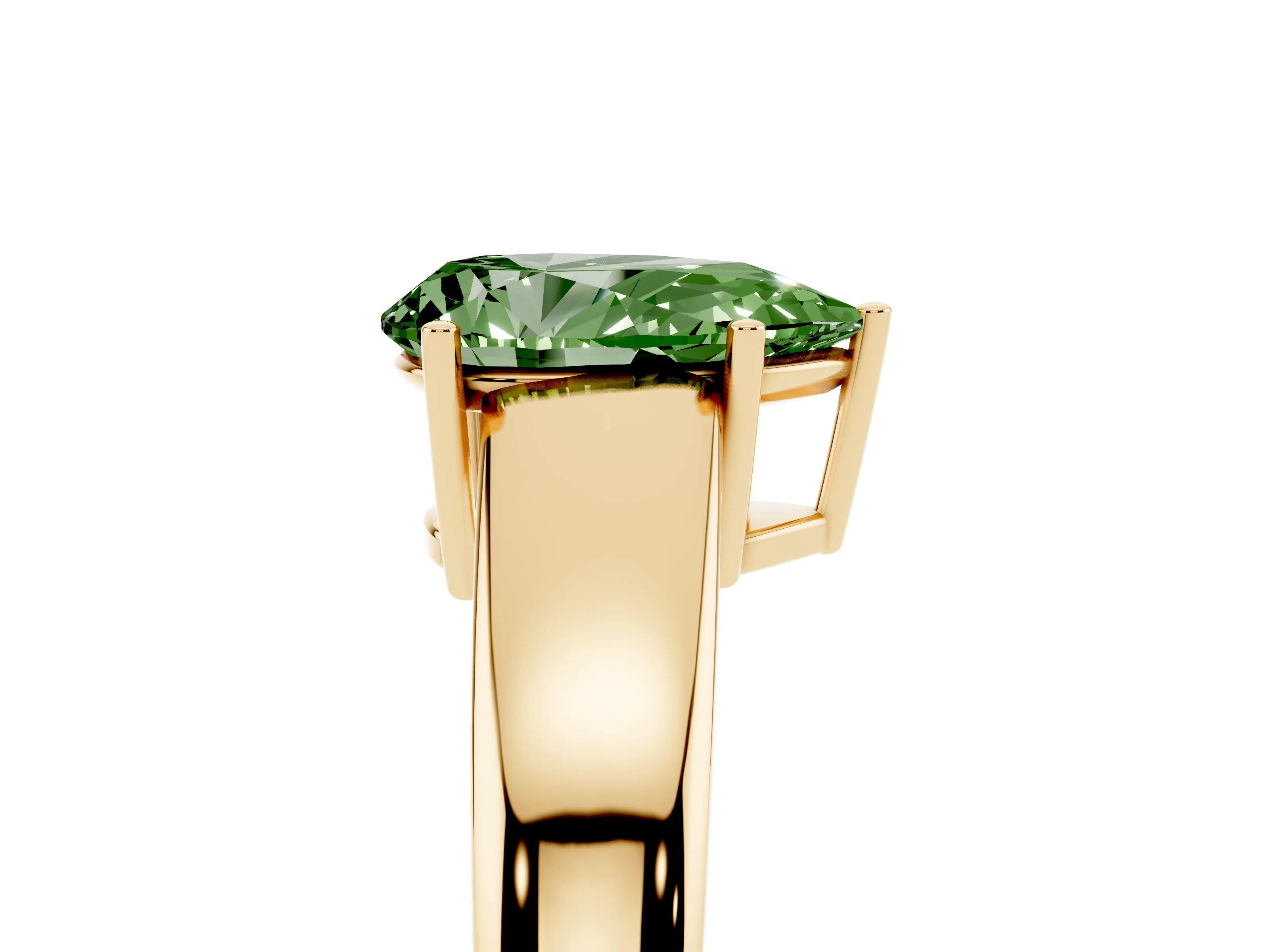 Fancy Green Pear Cut Diamond Solitaire Ring Set in Yellow gold with Tapered Band and Prong Setting