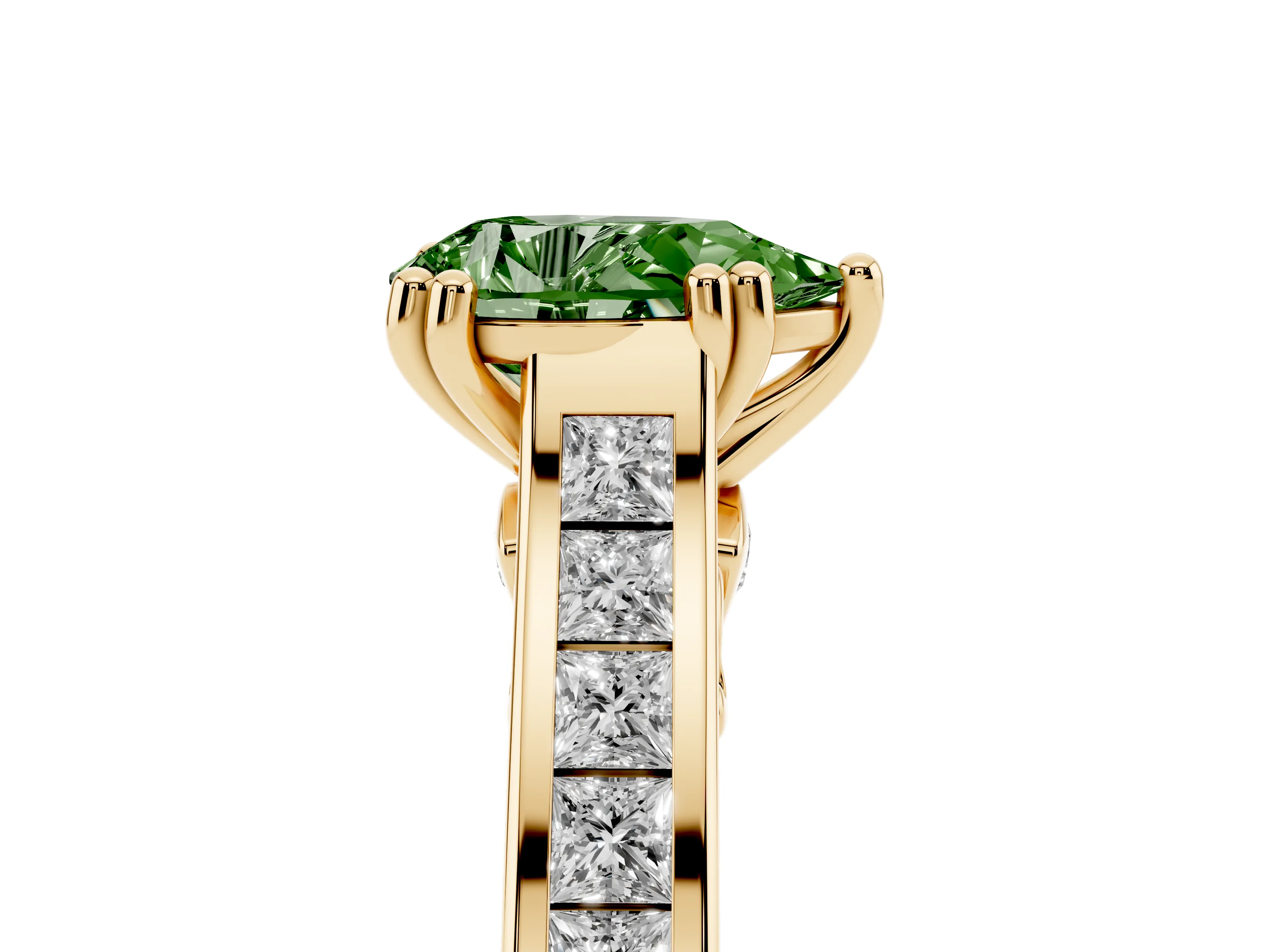 Fancy Green Pear Cut Diamond Channel Set Solitaire Engagement Ring Set in Yellow gold with Prong Setting
