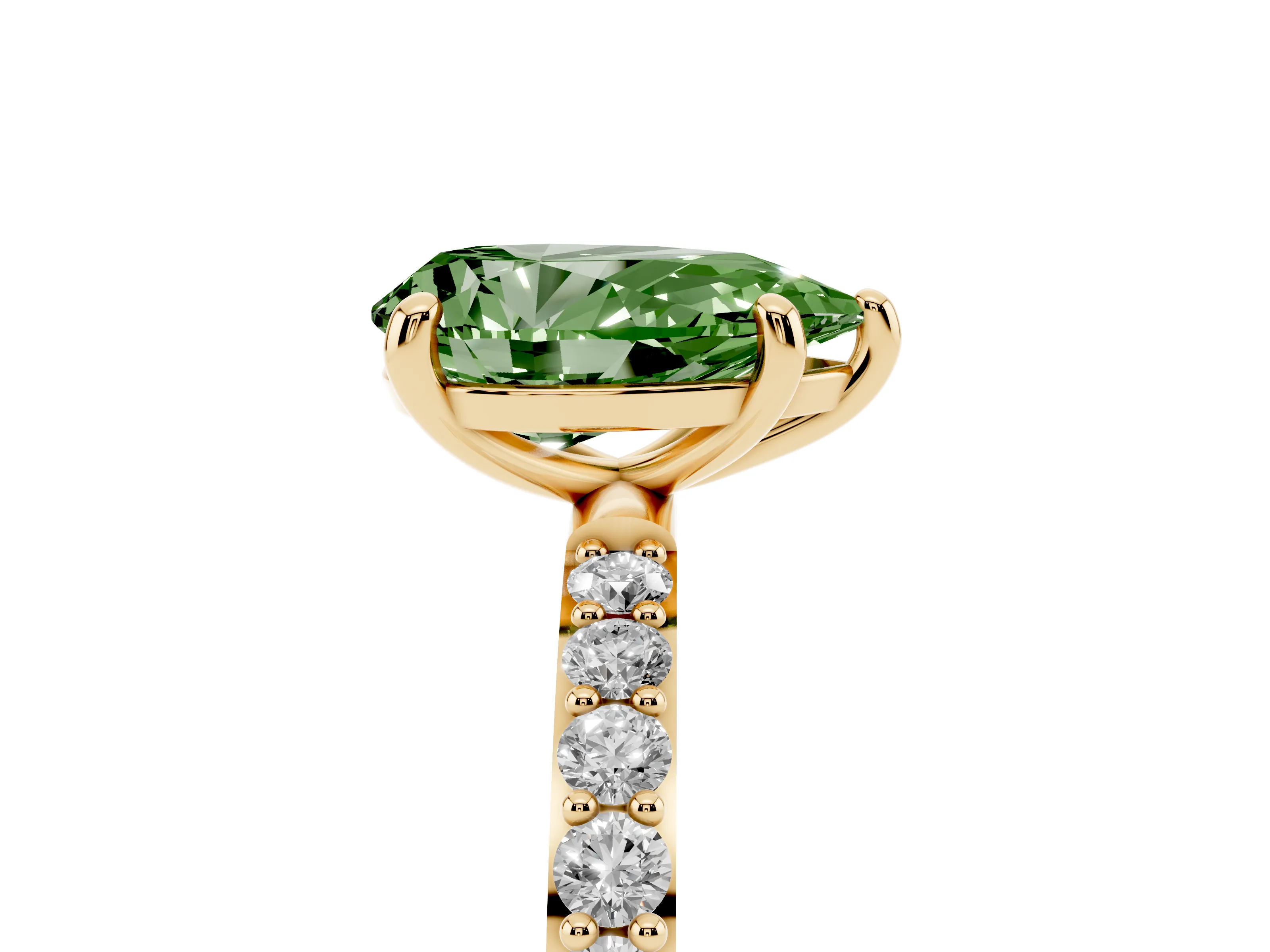 Fancy Green Pear Cut Diamond Solitaire Ring Set in Yellow gold with Round Pavé Band and Prong Setting