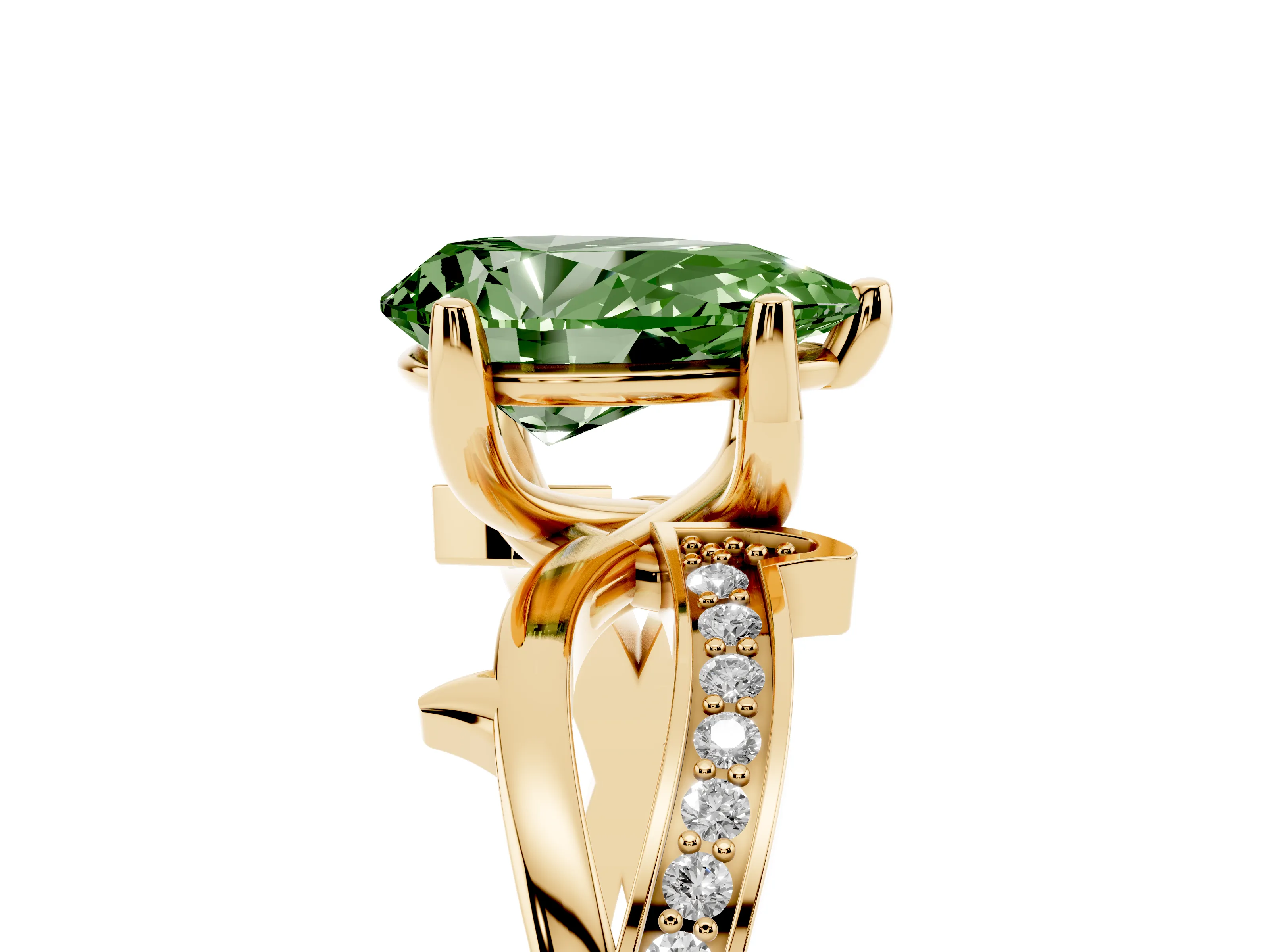 Fancy Green Pear Cut Diamond Pavé Twist Band Solitaire Ring Set in Yellow gold with Prong Setting