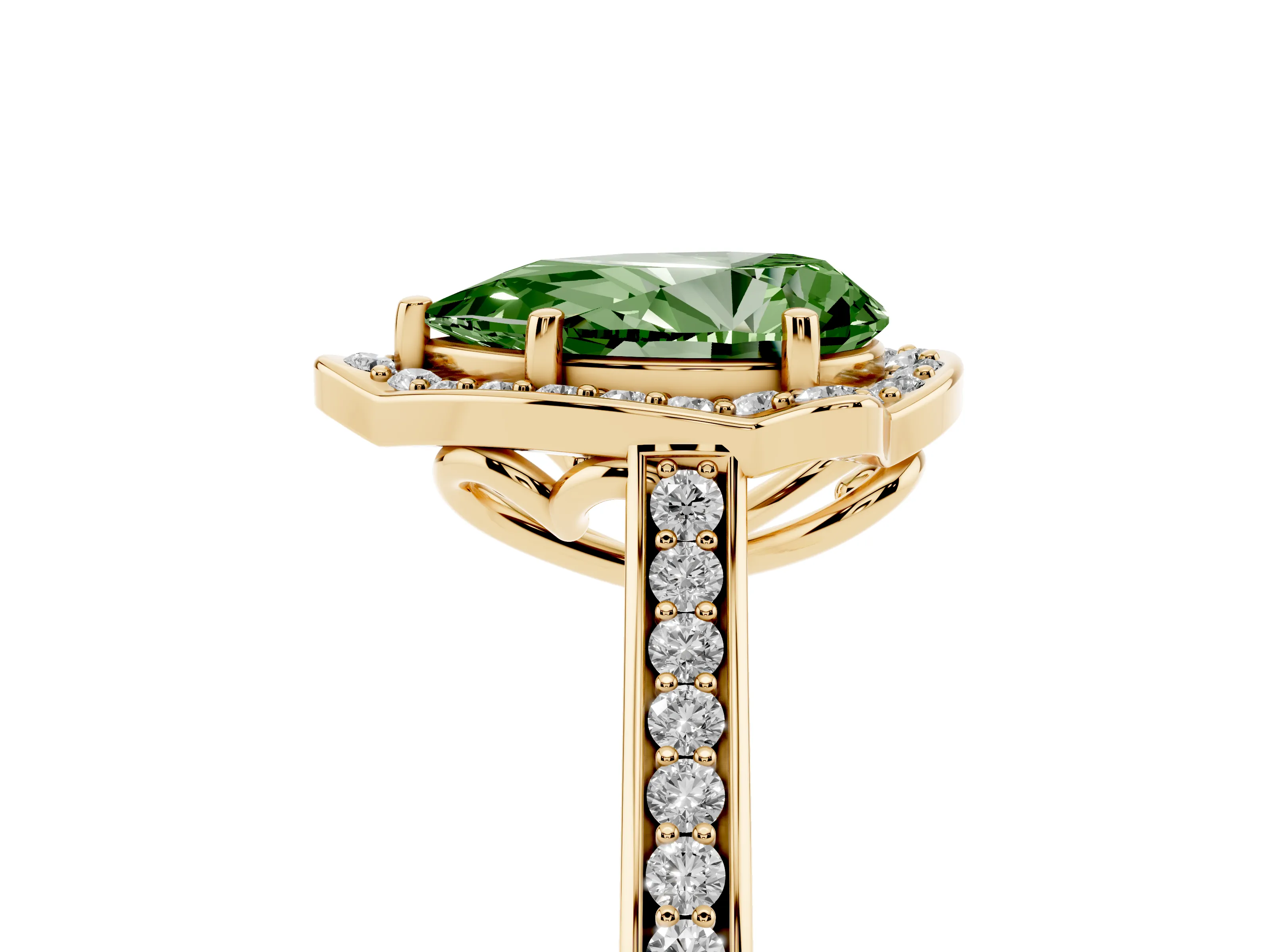 Fancy Green Pear Cut Diamond Halo Ring Set in Yellow gold with Pavé-Lined Shoulders and Prong Setting