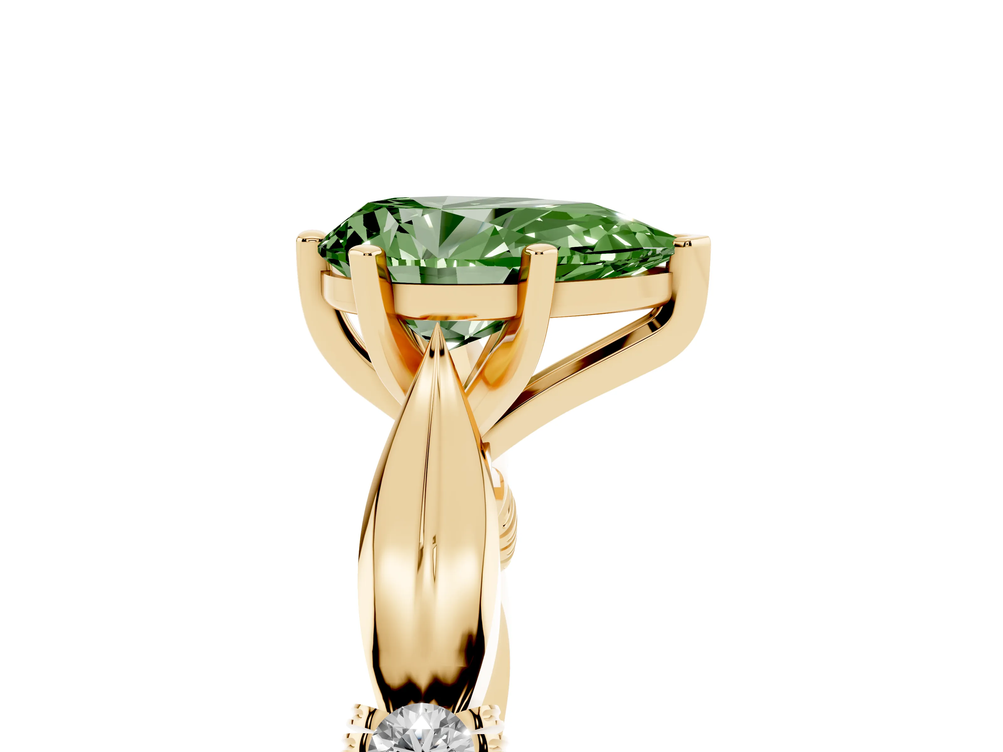 Fancy Green Pear Cut Diamond Solitaire Twisted Band Ring Set in Yellow gold with Accent Stones and Prong Setting