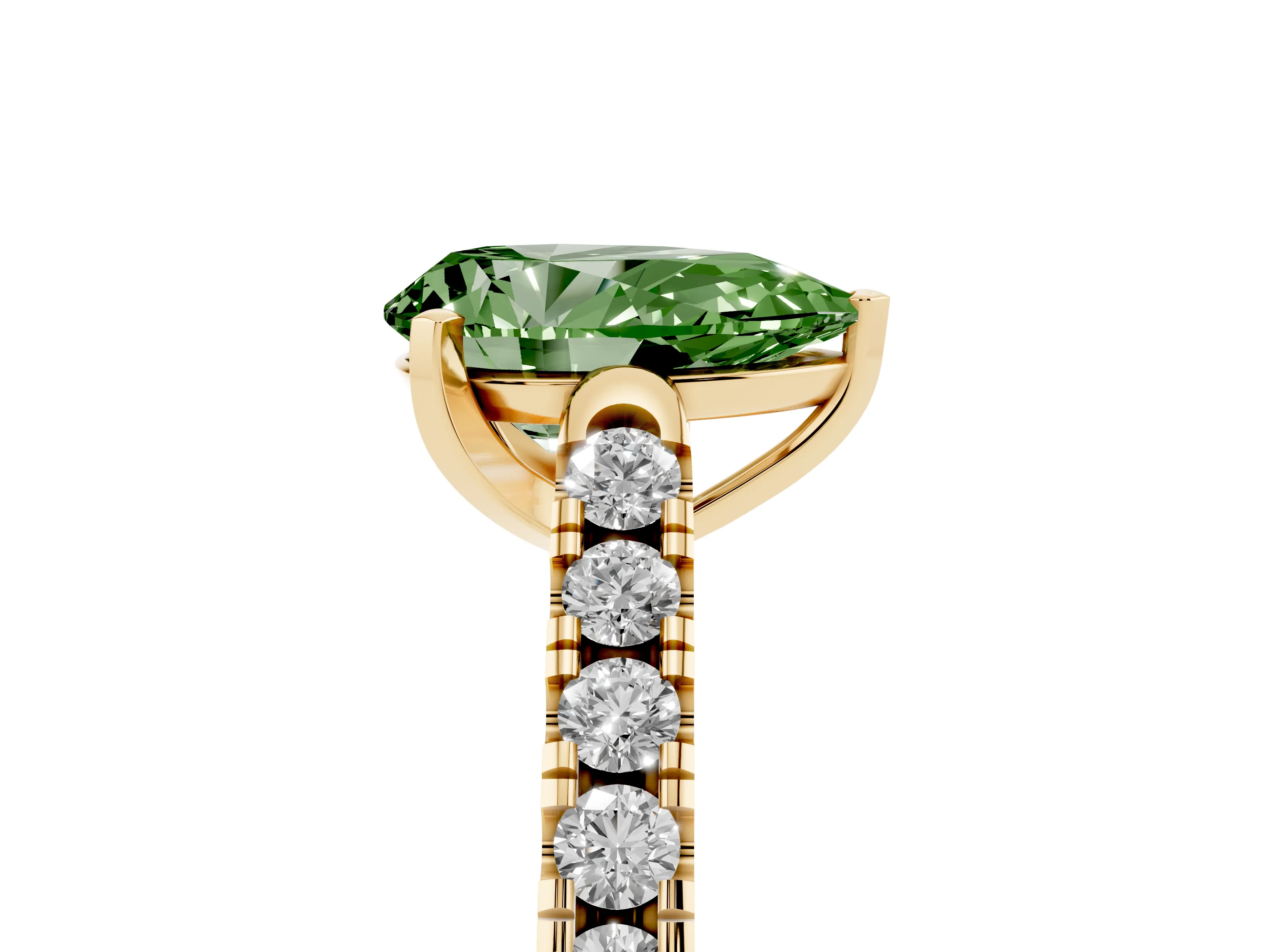 Fancy Green Pear Cut Diamond Pavé Band Solitaire Ring Set in Yellow gold with Partway Accent Stones and Prong Setting