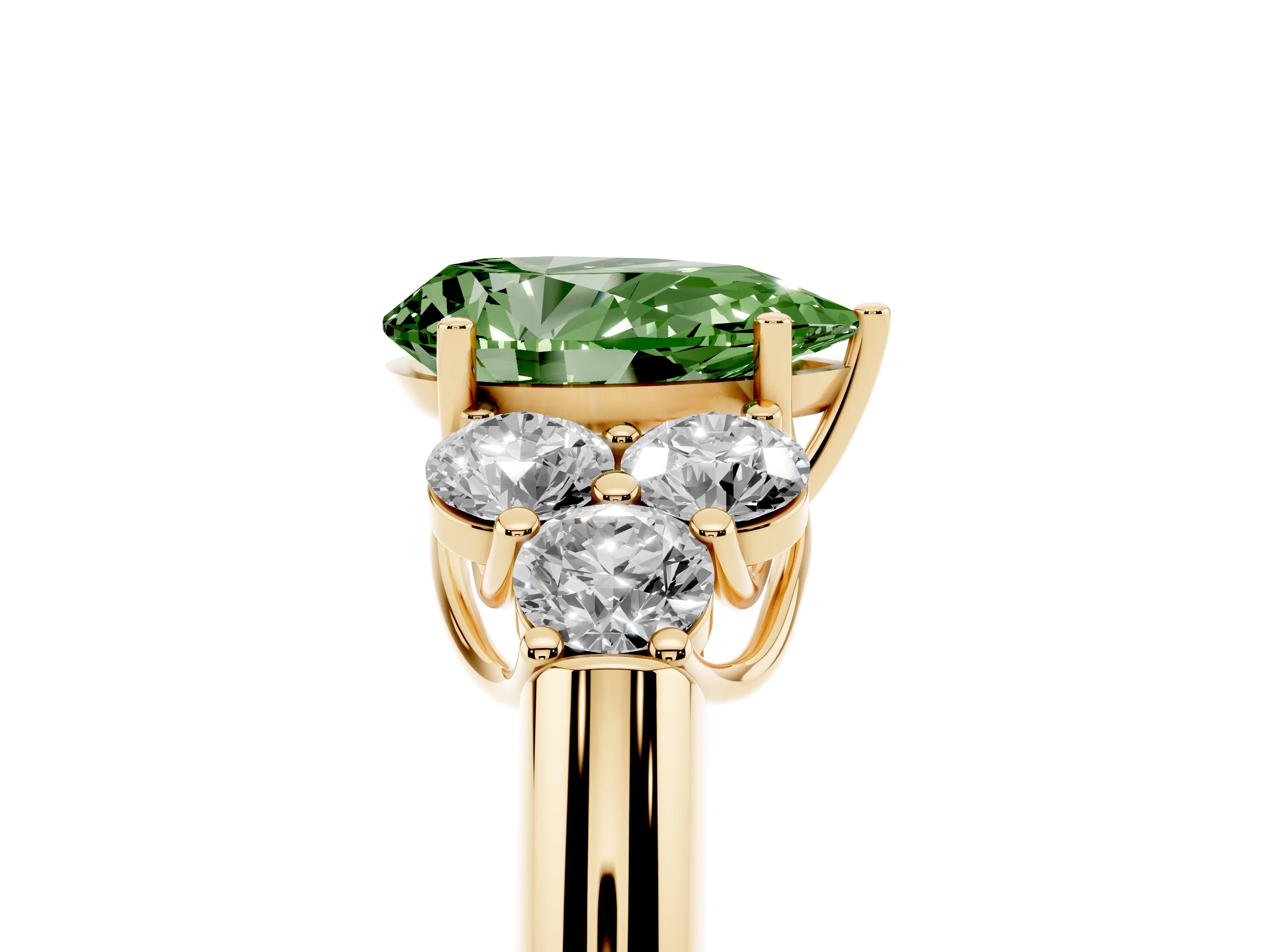 Fancy Green Pear Cut Diamond Cluster Ring Set in Yellow gold with Round Accent Stones and Prong Setting on a Plain Band