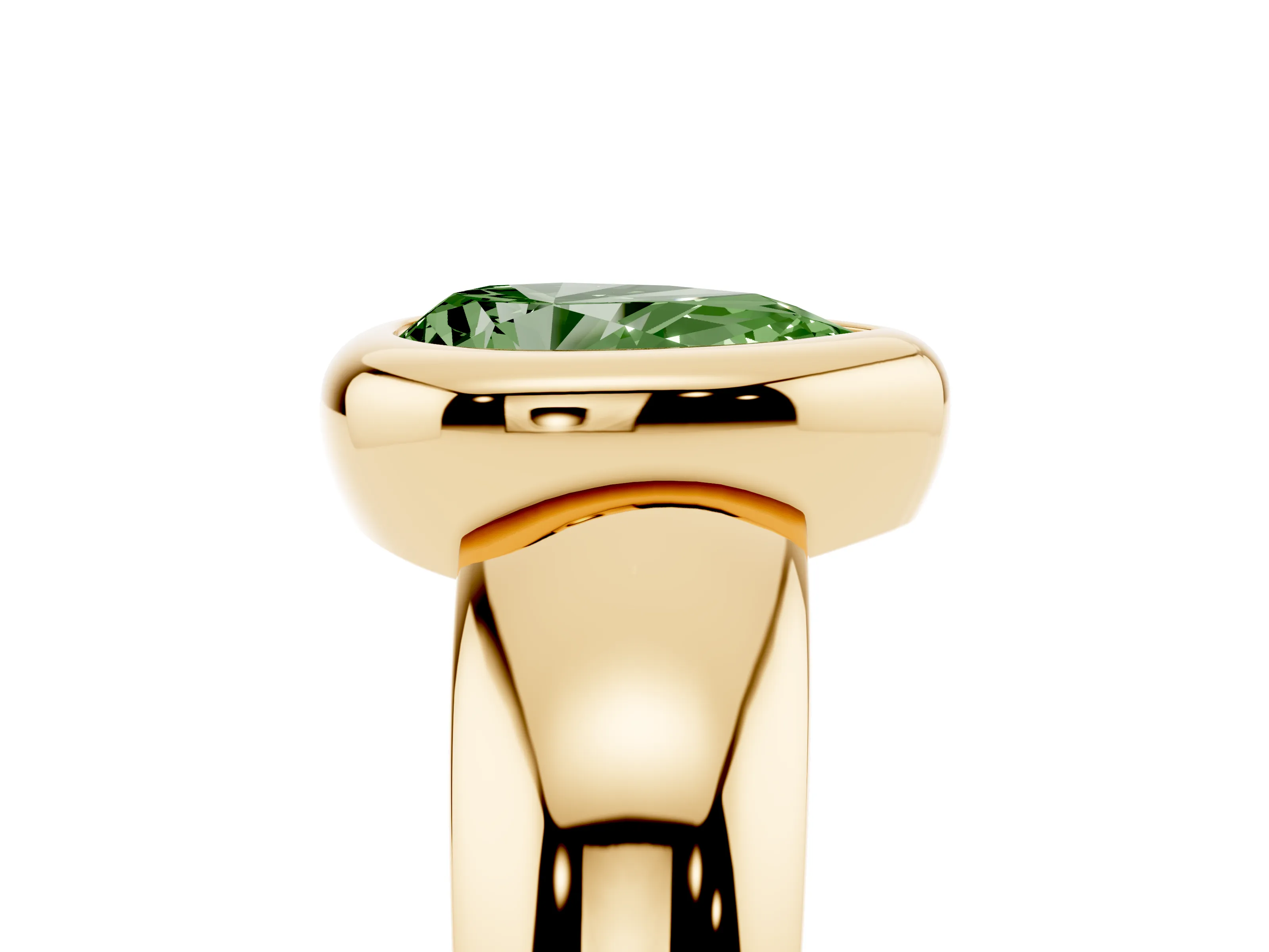 Fancy Green Bezel Set Pear Cut Diamond Solitaire Ring Set in Yellow gold with Wide Band