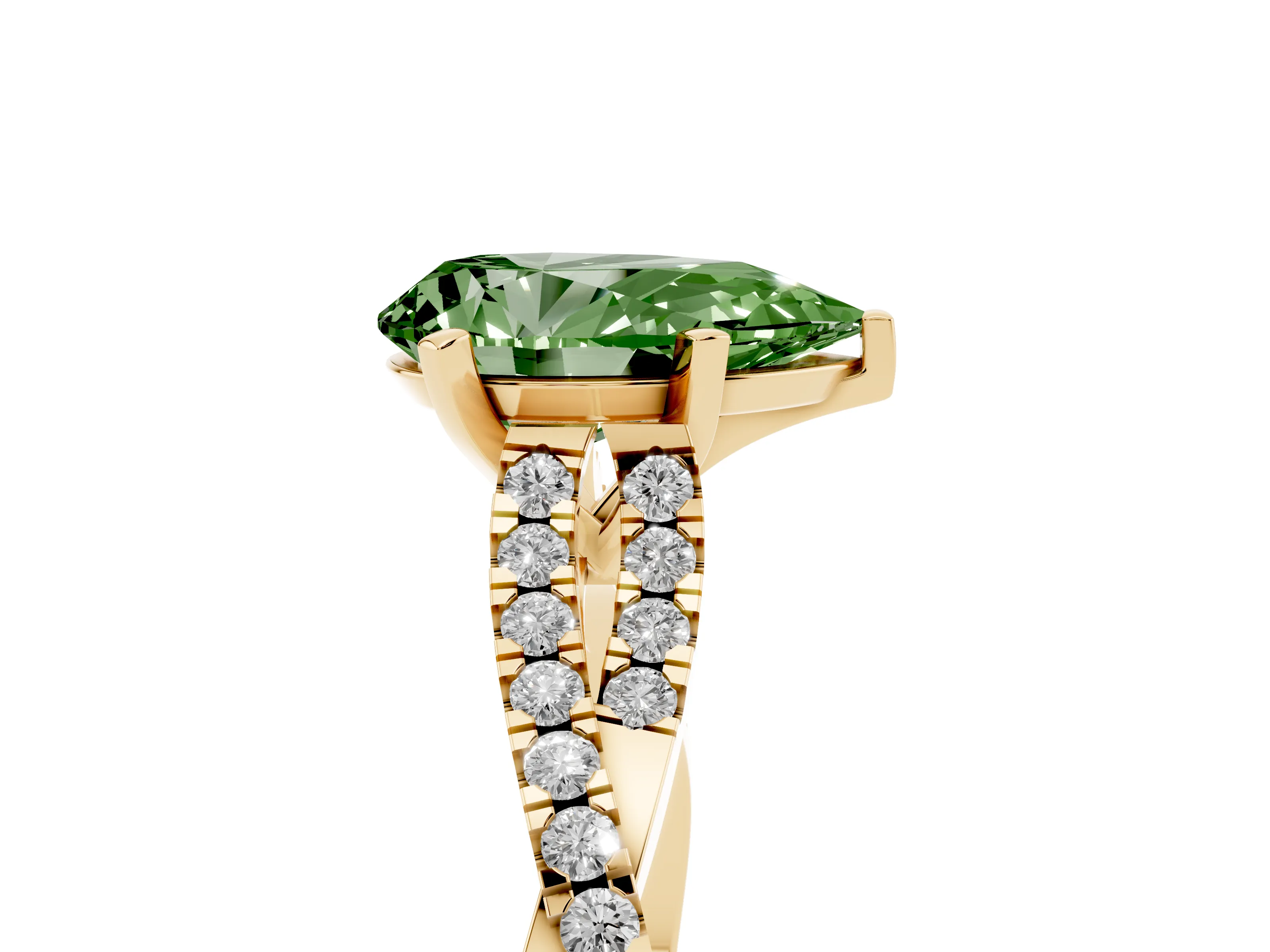 Fancy Green Pear Cut Diamond Solitaire Engagement Ring Set in Yellow gold with Twisted Pavé Band and Prong Setting