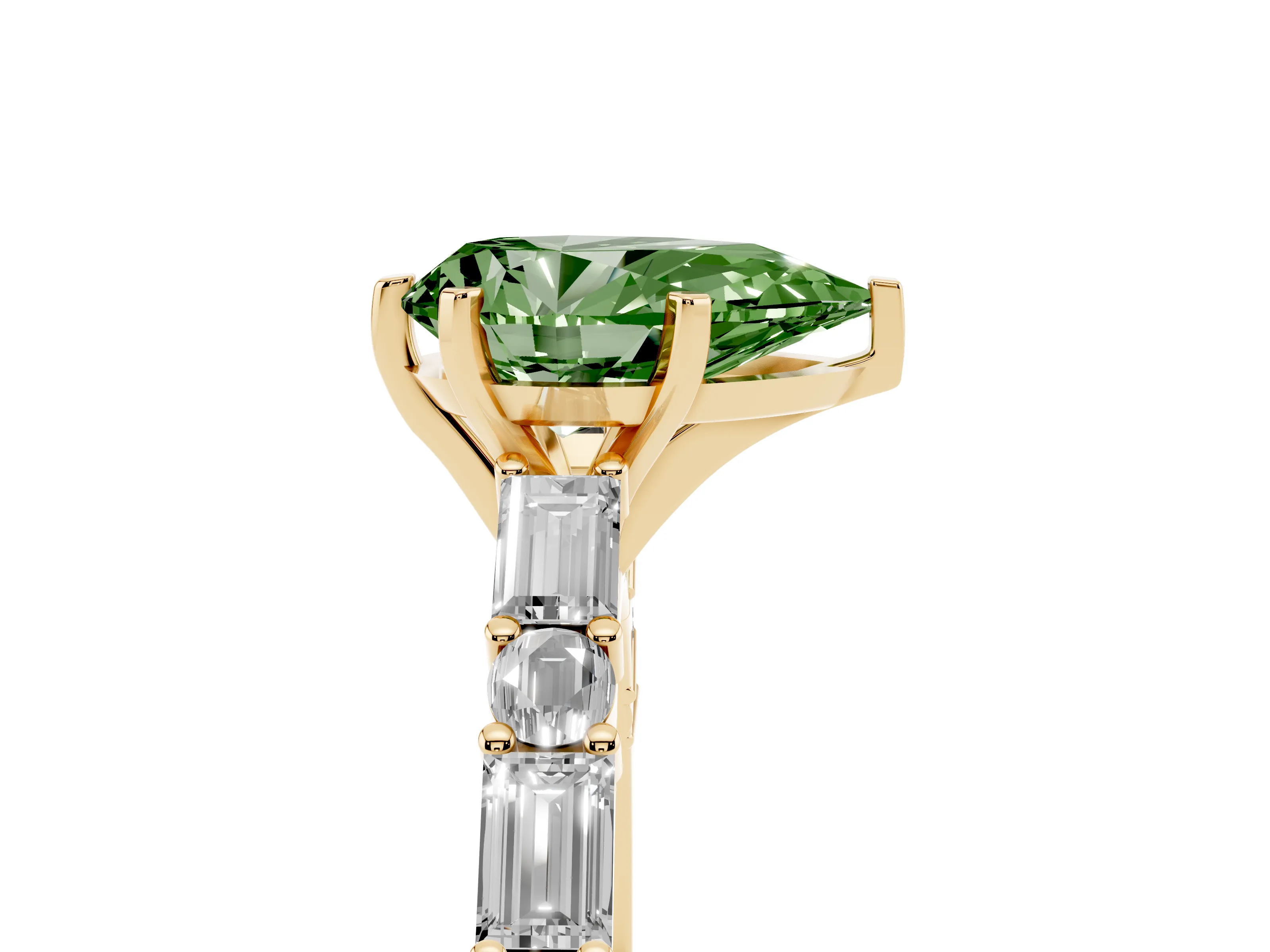 Fancy Green Pear Cut Diamond Solitaire Set in Yellow gold with Side Baguettes and Channel Set Band