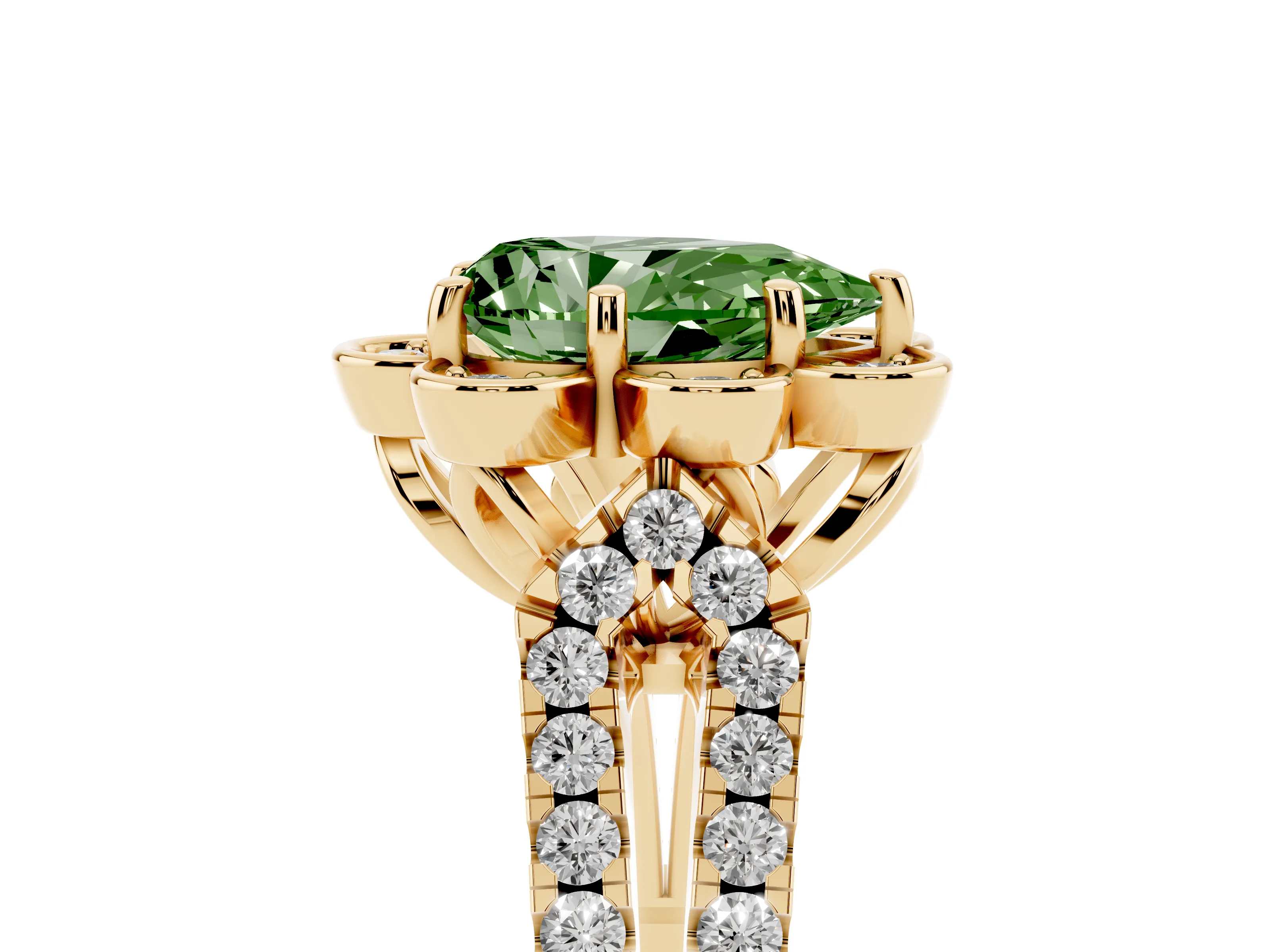 Fancy Green Pear Cut Diamond Floral Halo Split Shank Engagement Ring Set in Yellow gold with Pavé Shank