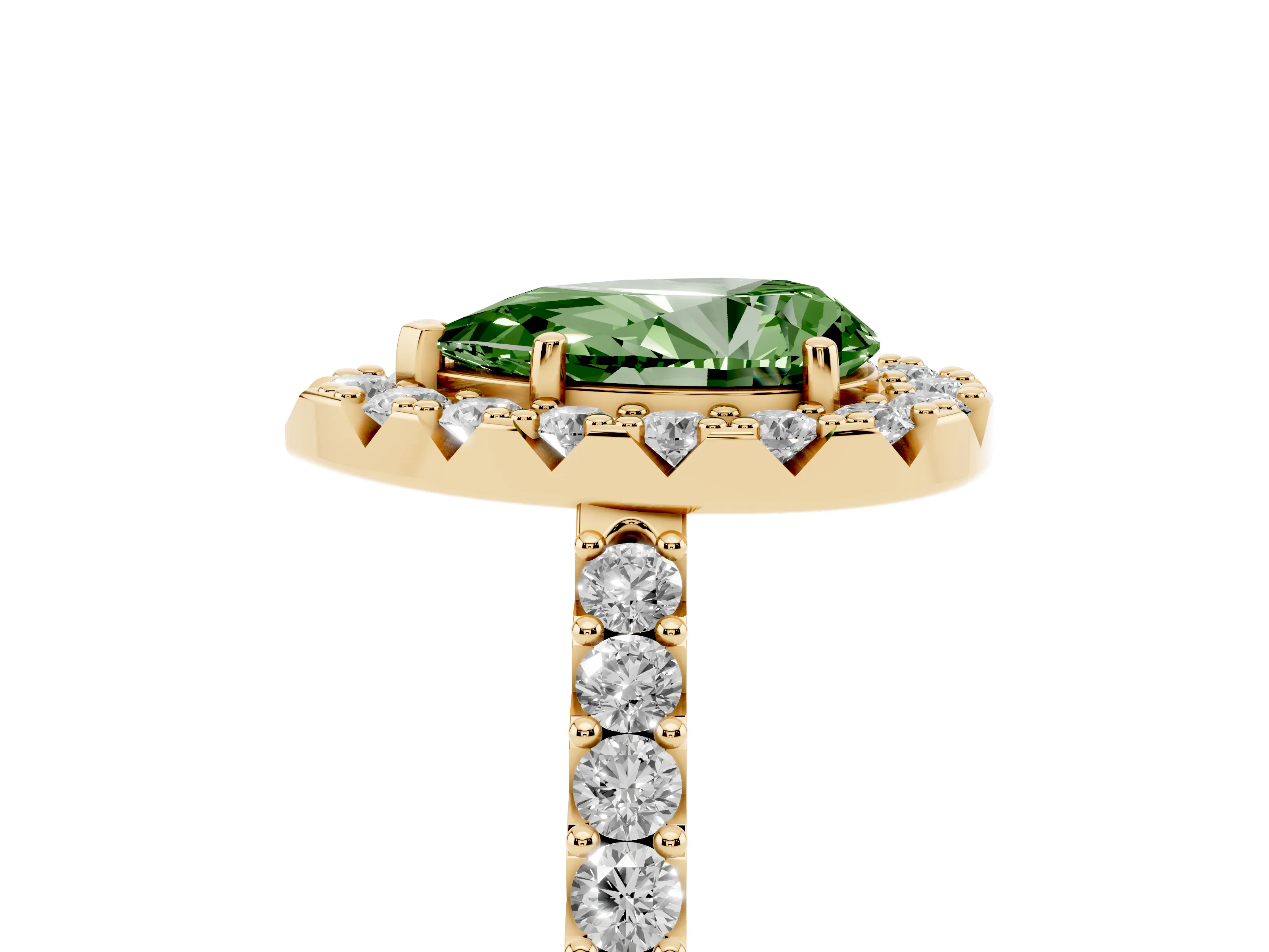 Fancy Green Pear Cut Diamond Halo Pavé Solitaire Ring Set in Yellow gold with Prong-Set Center Stone