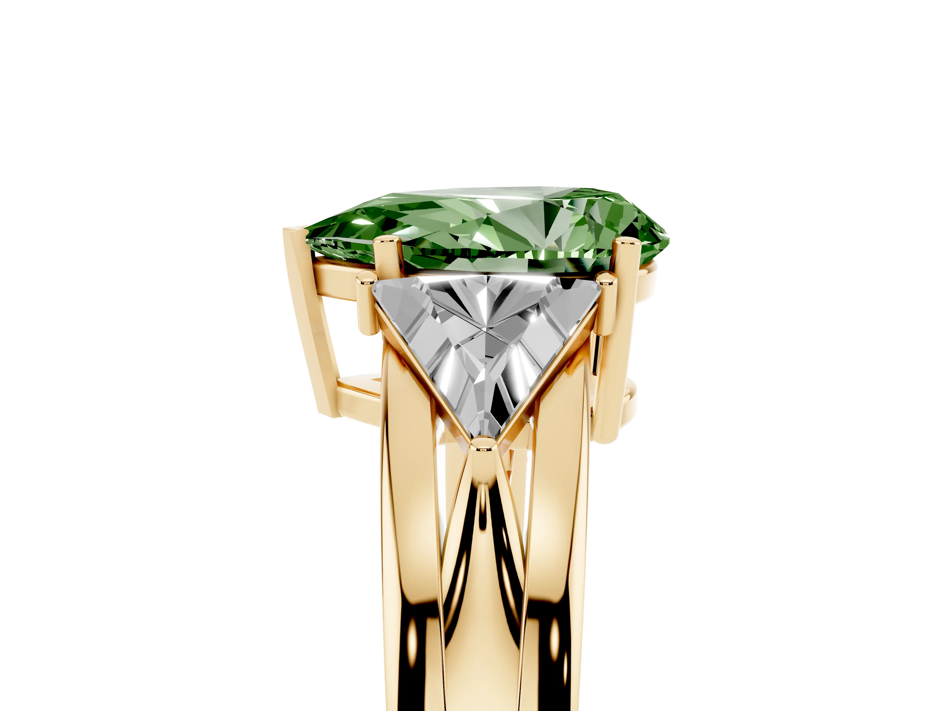Fancy Green Pear Cut Diamond Three-Stone Ring Set in Yellow gold with Trillion Side Stones and Split Shank