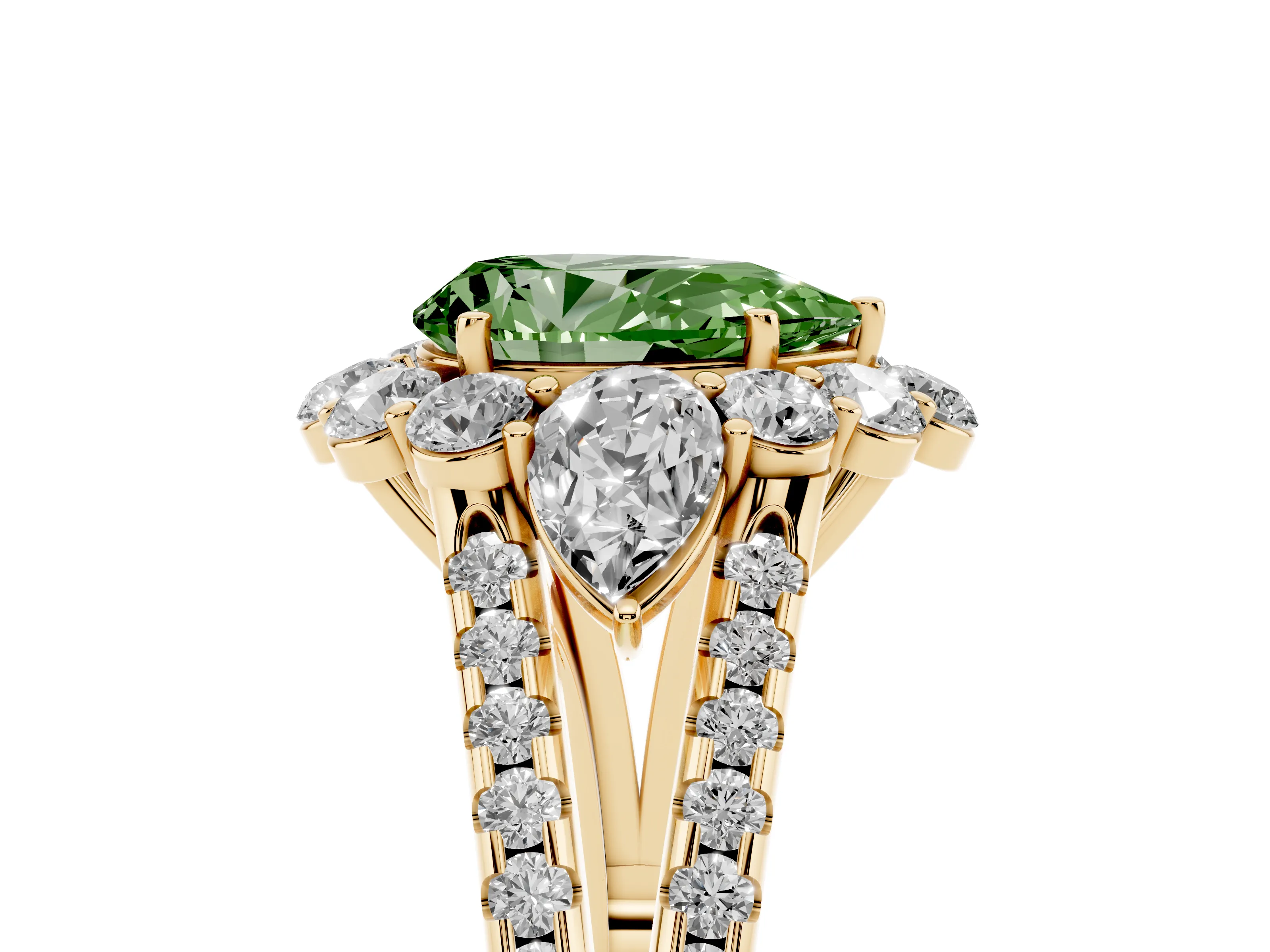 Fancy Green Pear Cut Diamond Halo Split Shank Engagement Ring Set in Yellow gold with Prong-Held Center Stone