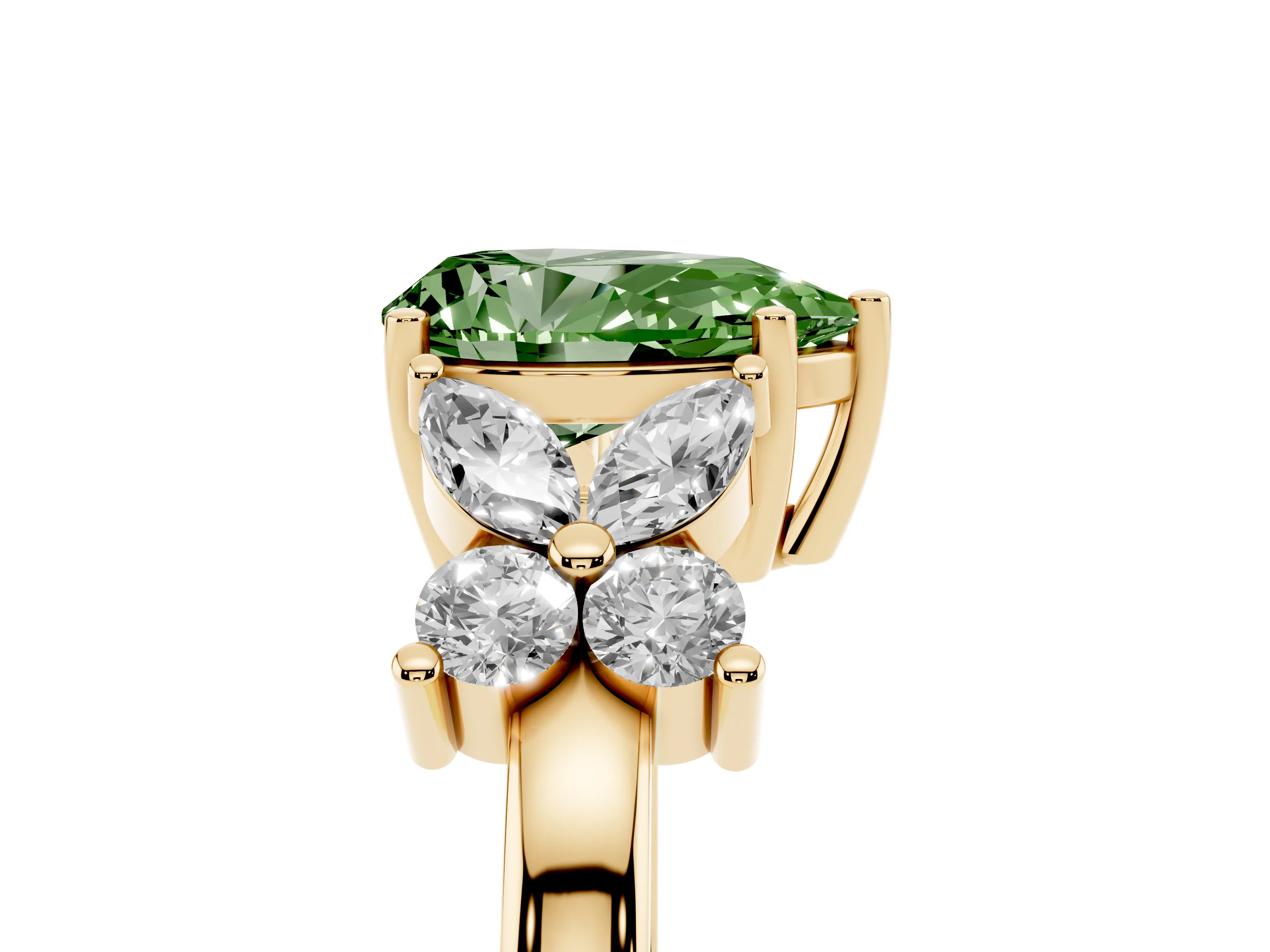 Fancy Green Pear Cut Diamond Floral Cluster Ring Set in Yellow gold with Marquise Petals and Prong Setting