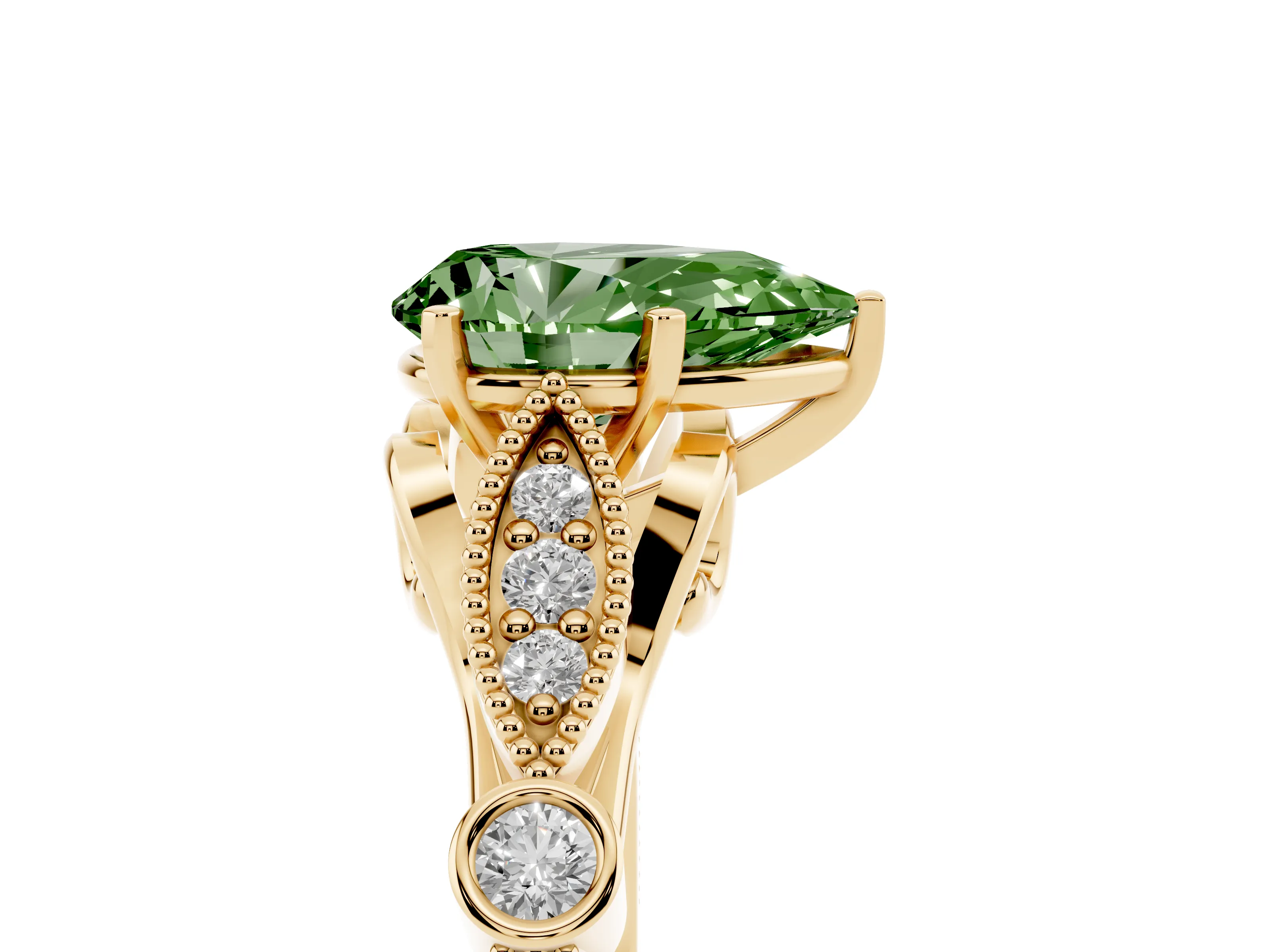 Fancy Green Pear Cut Diamond Solitaire Ring Set in Yellow gold with Milgrain Marquise and Bezel Accents